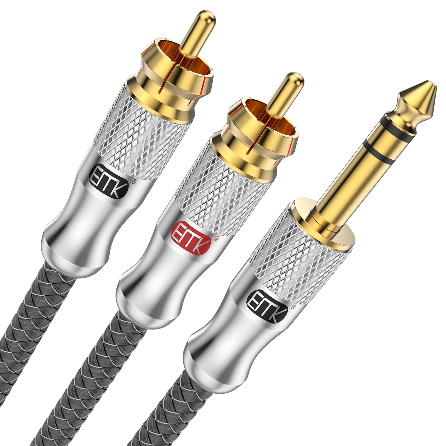 EMK Kabel 1/4 na cinch, wtyczka TRS 1/4 cala na 2 wtyczki cinch, kabel audio, gniazdo stereo 6,35 mm na kabel wtykowy Dual-Cin, kabel rozdzielający Y (8 m, srebrny)