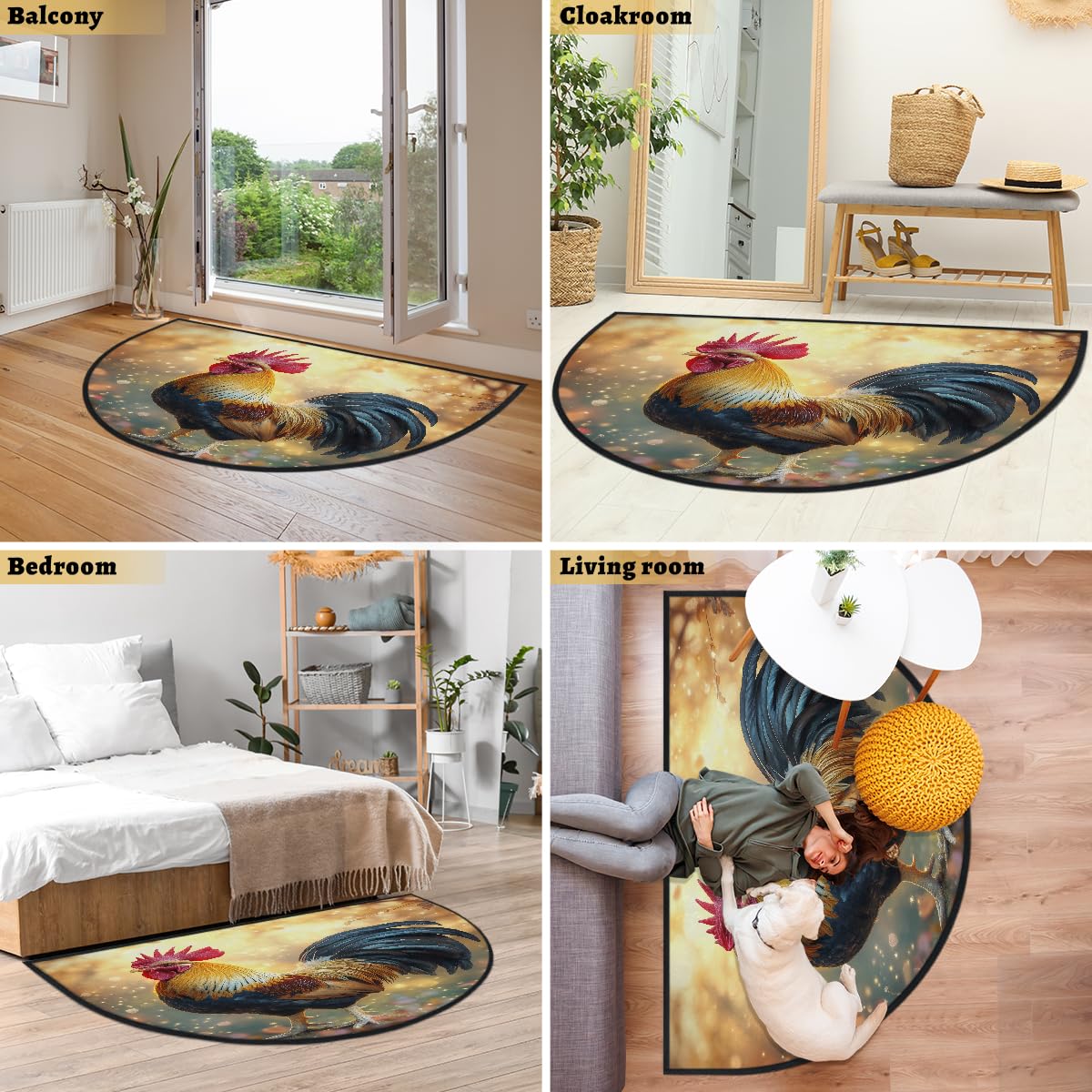 Mexpekil Paillasson demi-rond en demi-lune avec signes du zodiaque coq pour intérieur et extérieur - Lavable - Absorbant la saleté - 100 x 160 cm