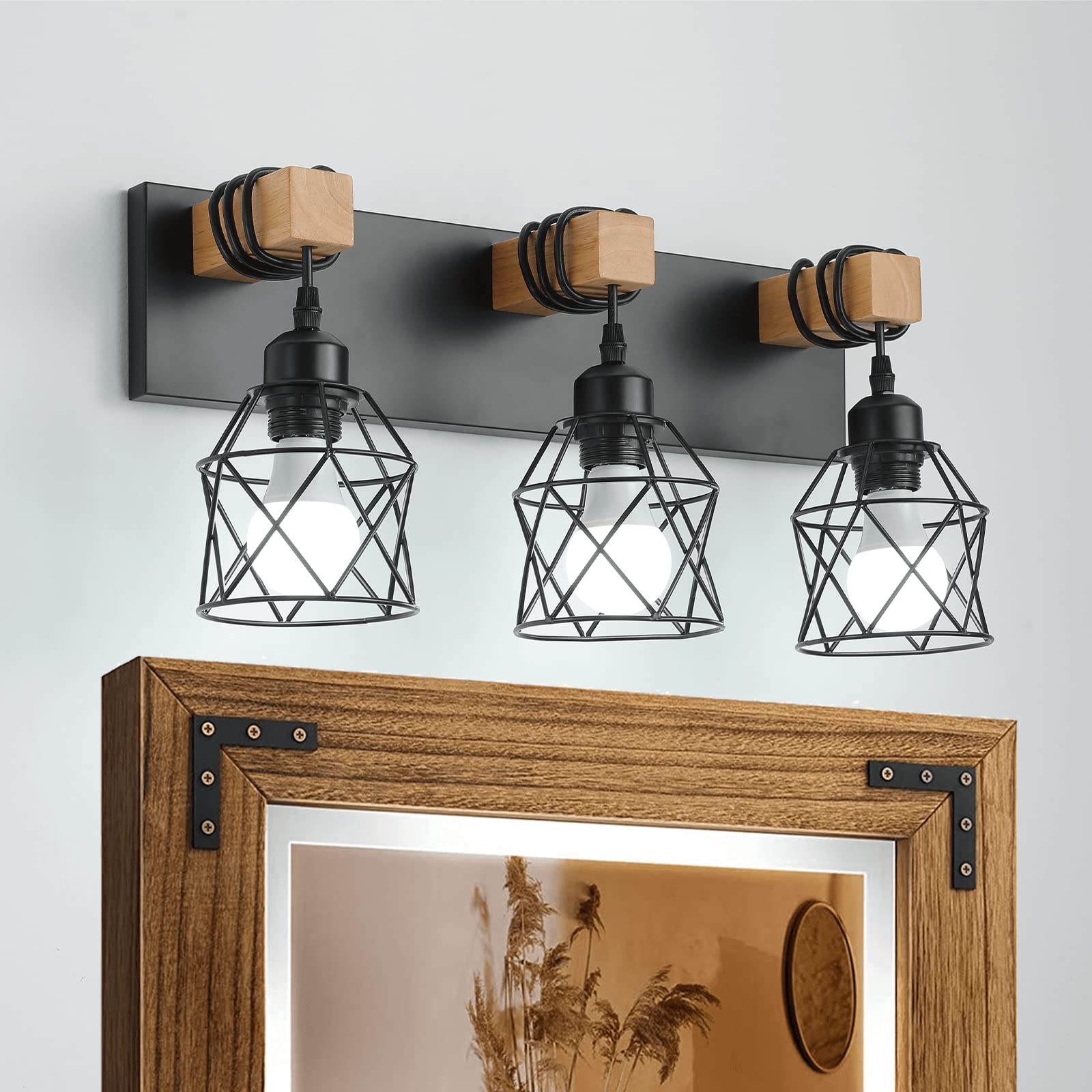 Farmhouse Vanity Light Fixture,3-Light Bathroom Lighting,Black Industrial Wood Wall Light Over Mirror with Metal Shade,LED Bulbs Included