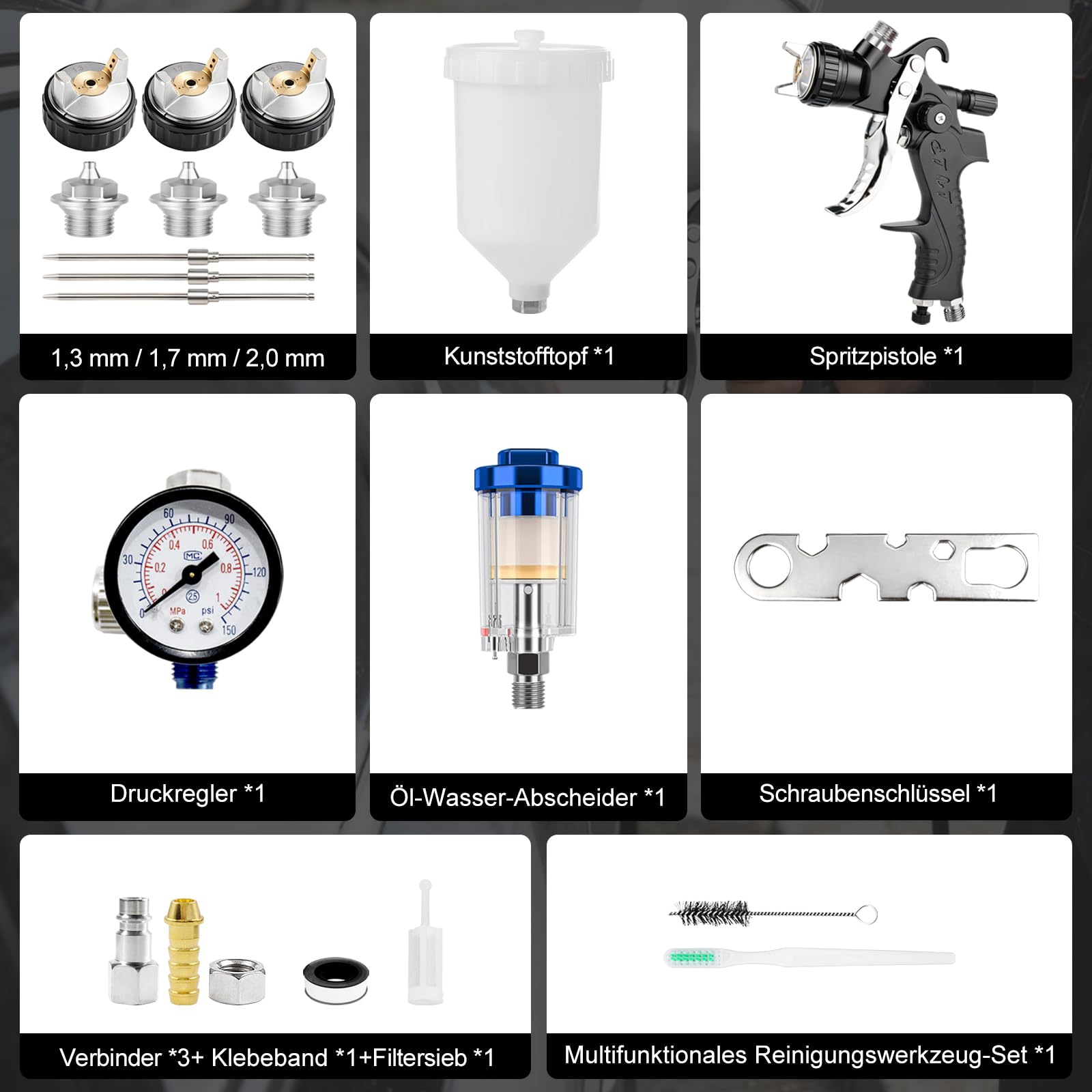Professionelle LVLP Luftspritzpistole, 1,3/1,7/2,0 mm Düsen Kit mit Druckregler und Wasser-Öl-Abscheider, Farbspritzpistole Lackierpistole Druckluft für Autolackierung, Basislack, Klarlack, Metallic