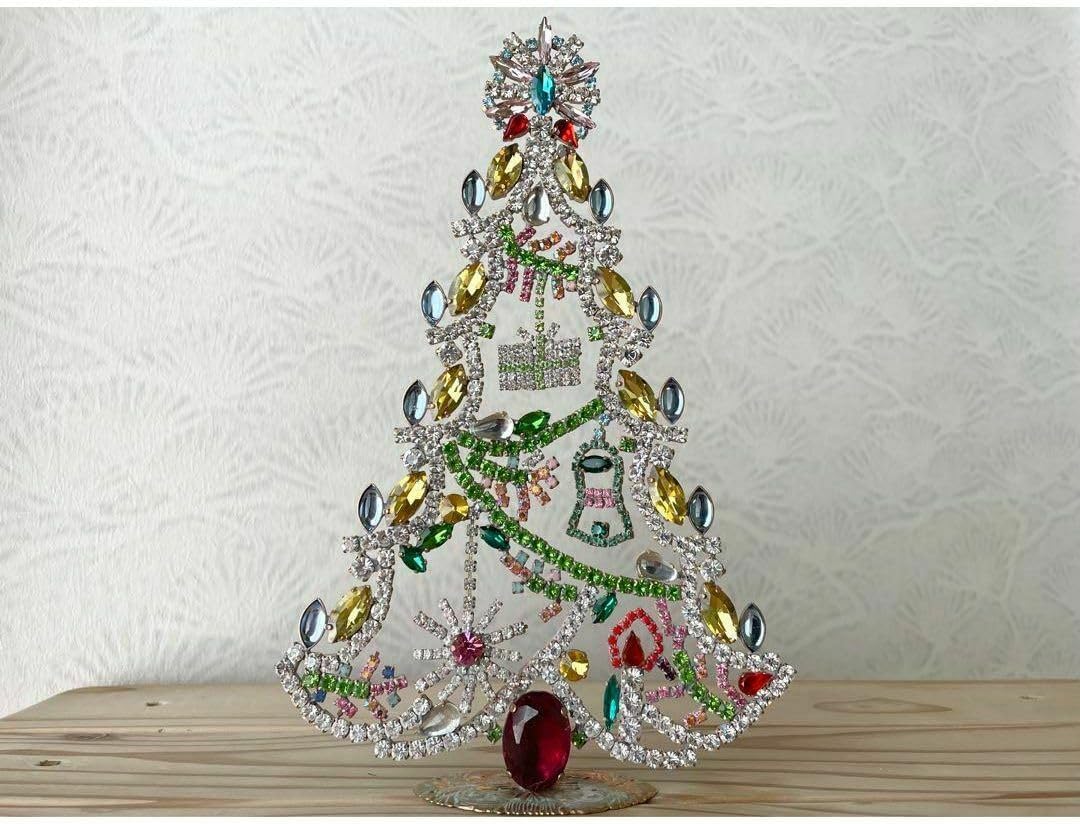 ビンテージ/チェコガラス/ガラスツリー/水色×カラフル/ギブレ/卓上