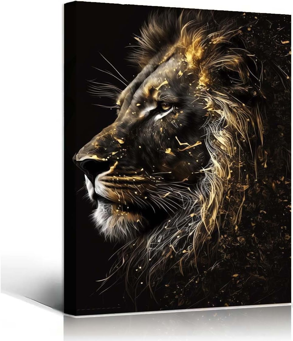 Lion Canvas Wall Art Black and Gold Animal Face Painting Picture Safari Animal Poster Print for Home Office Living Room Decor