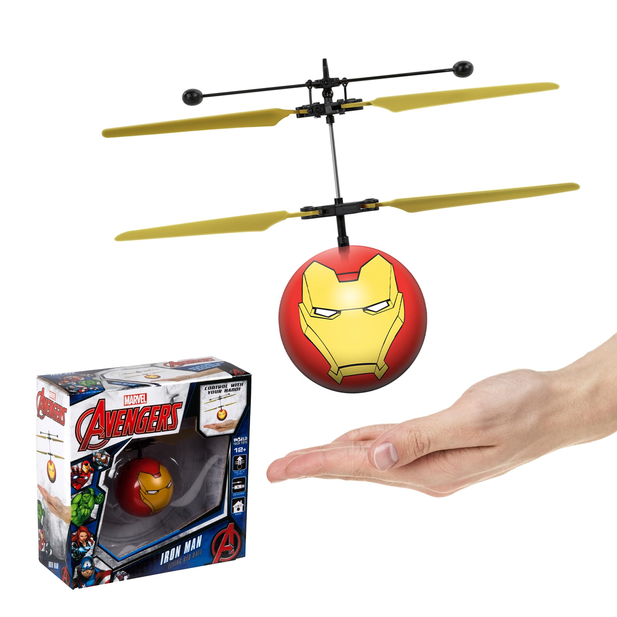 World Tech Toys Marvel Iron Man Flying Toy – Motion Sensing Flying Ball with USB Charging - Marvel Licensed - Indoor/Outdoor Drone for Kids Ages 6+