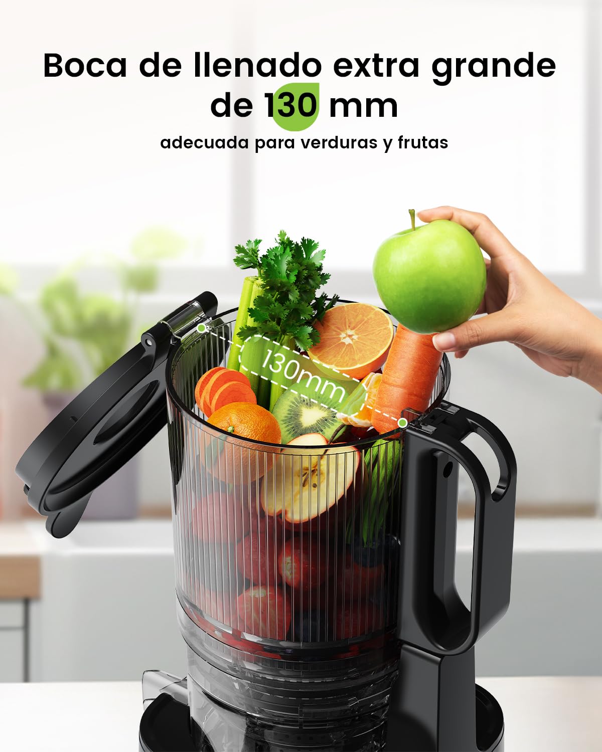 Exprimidor lento, 130 mm de orificio de llenado y depósito de zumo de 1,8 L, prensa fría para verduras y frutas enteras, fácil de instalar y limpiar, sin BPA