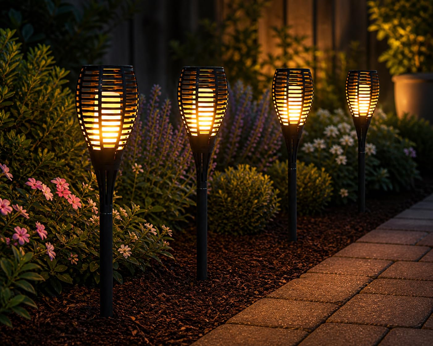 Garden Mile Black Set Of 4 Solar Led Flaming Stake Light Garden Torch Lights With Realistic Flame Effect Waterproof Garden Lamp Stakes For Outdoor Yard Pathway Flame Effect Stake Light