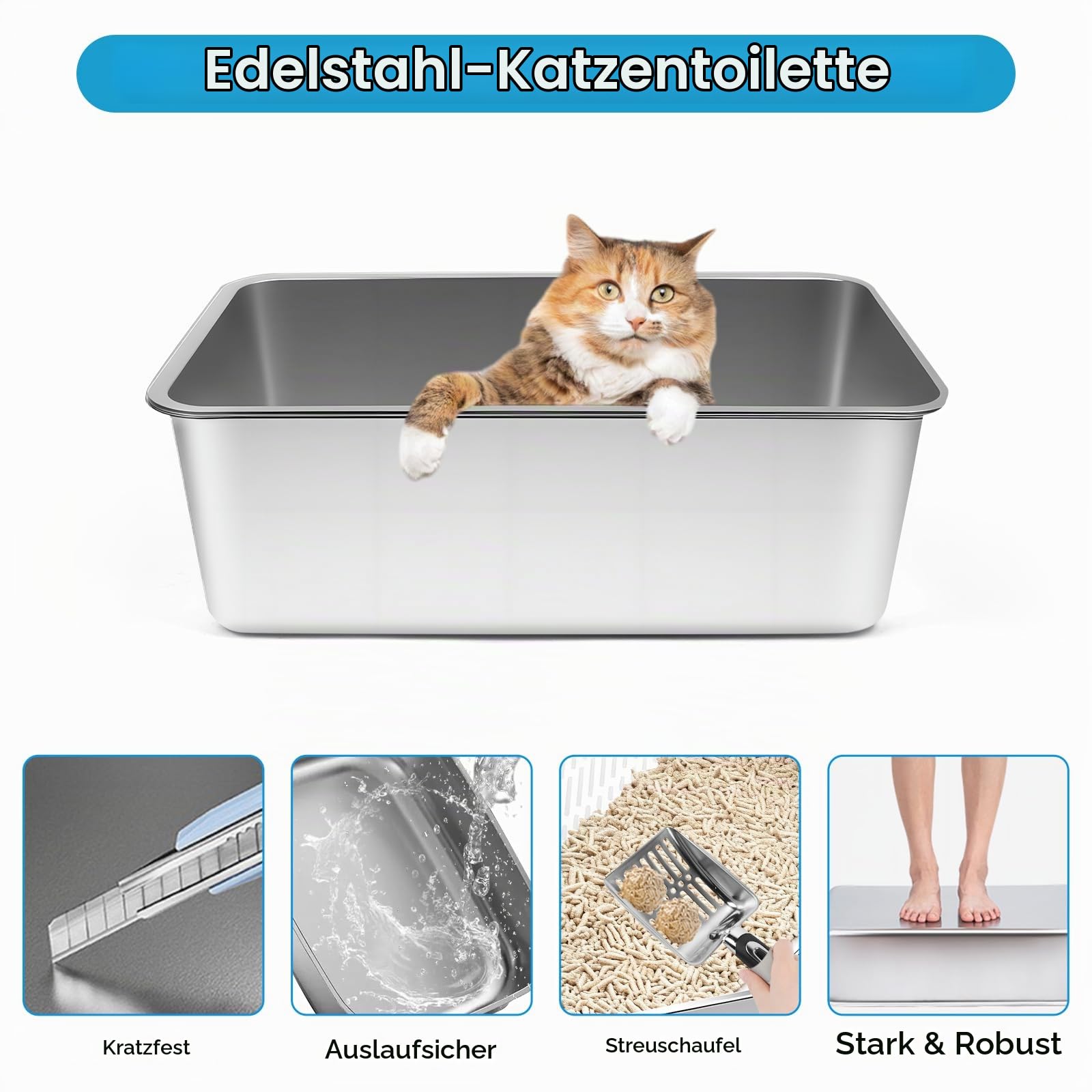 Katzenklo Edelstahl XXL, 23.6’’Lx15.7’’Wx8’’H Halbgeschlossenes Metall Katzentoilette mit Siebpfanne, Schaufel für große Katzen, einfache Reinigung