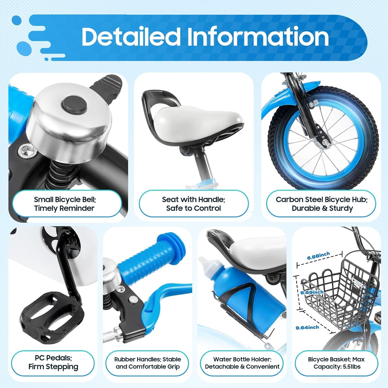 Bicicleta infantil de 12 pulgadas azul con ruedas estabilizadoras, altura ajustable para niños de 2 a 5 años con cesta, soporte de agua y freno doble para niños y niñas