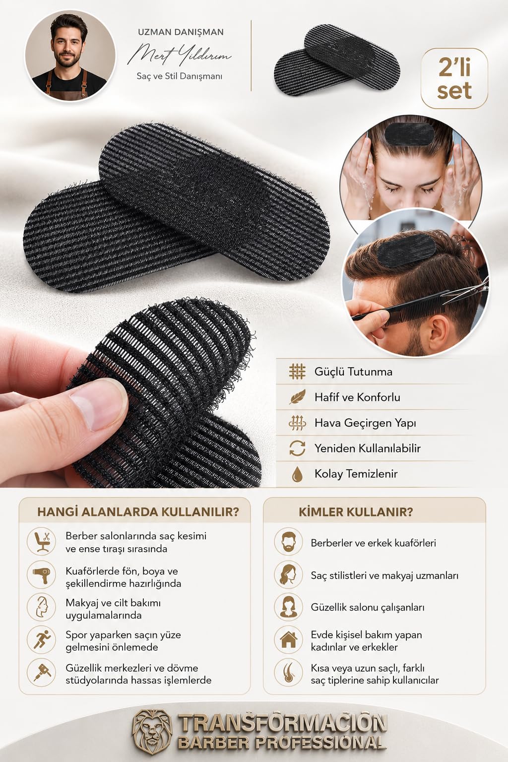 Transformacion Saç Tutucu Ayırıcı Cırt Bant Berber Saç Bantı 2 Adet Pratik Saç Aksesuarı, Standart, 7430001717293, Siyah