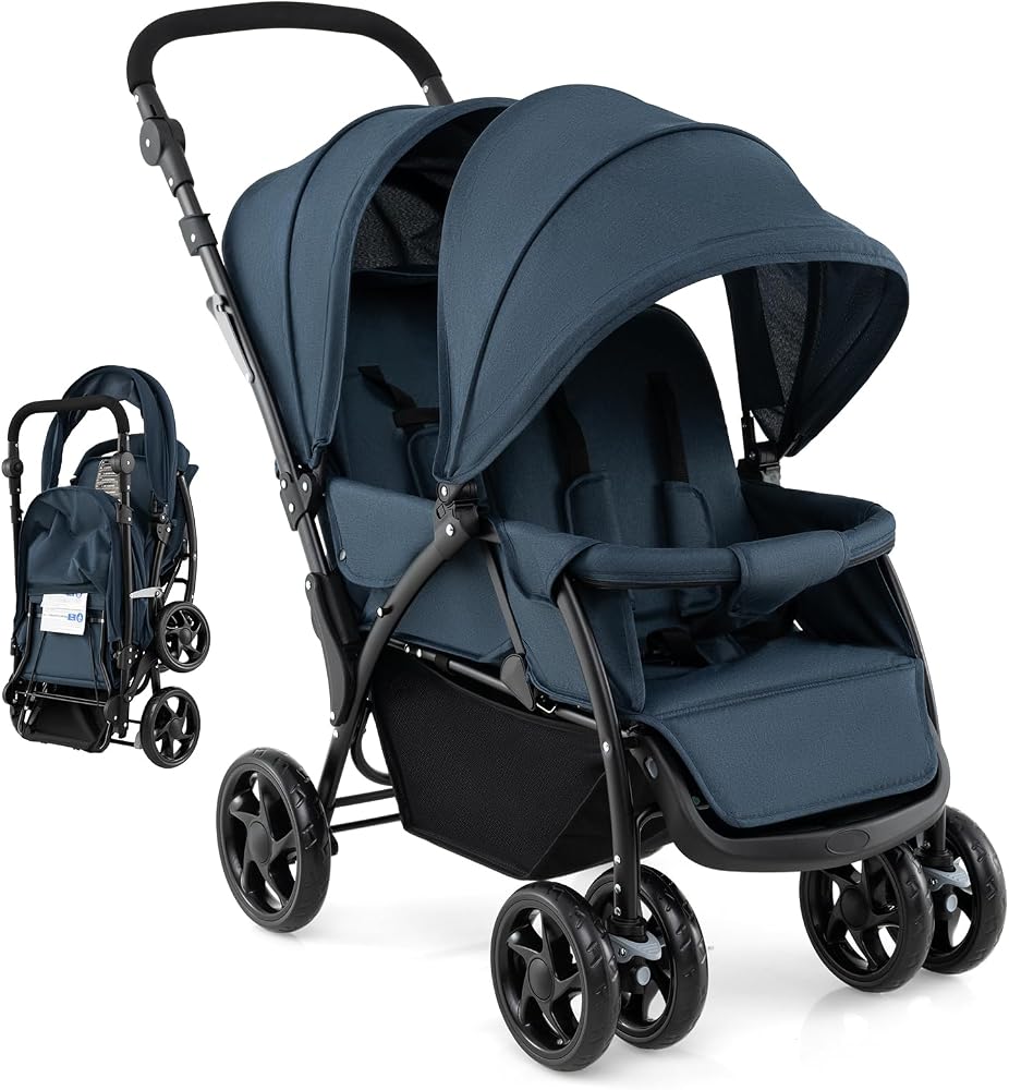 LIFEZEAL Poussette Double Pliable pour Jumeaux, Poussette Canne 2 Places Réglable en 3 Positions avec Cosy, Roues Universelles avec Freins, Charge de 15+15 KG (Bleu)