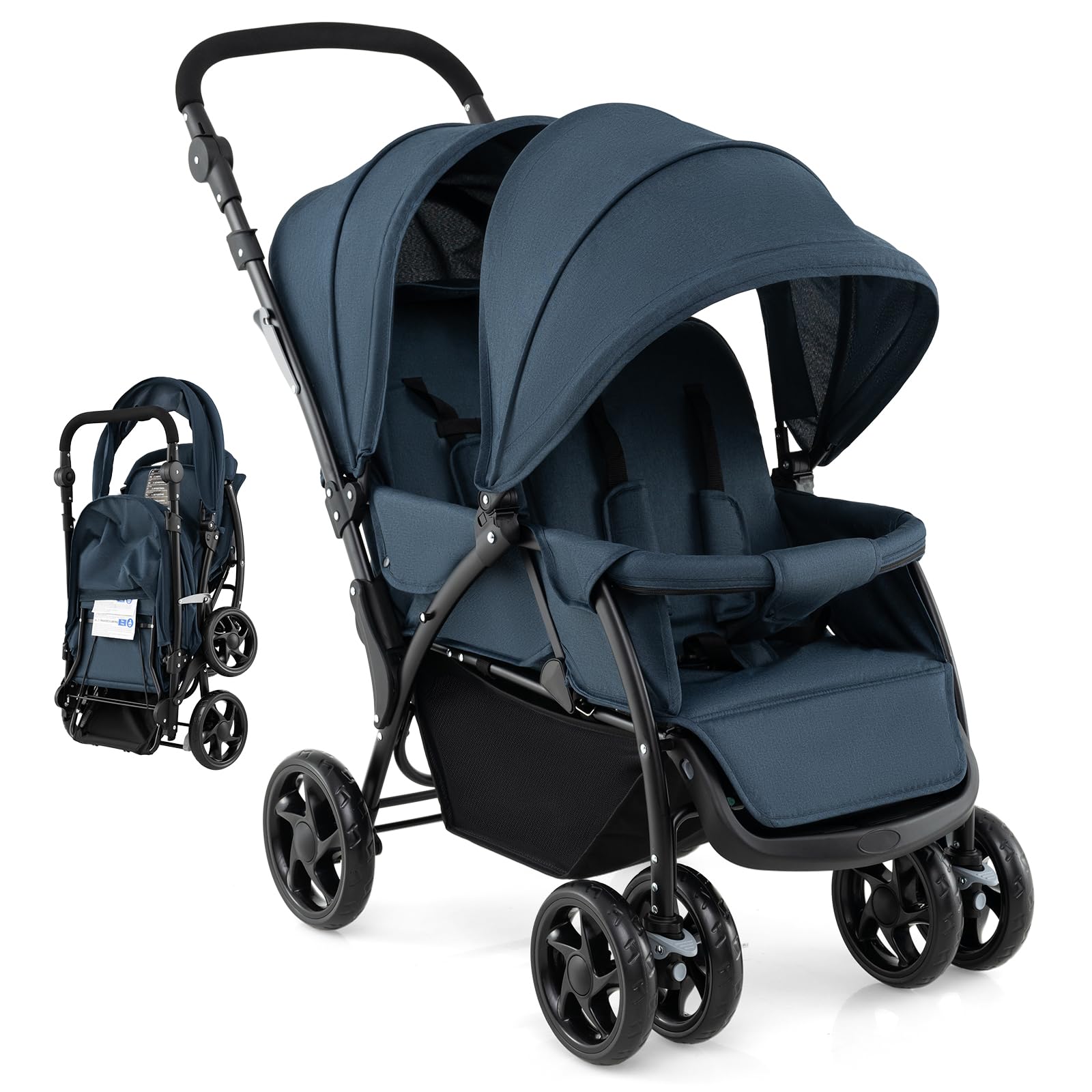 LIFEZEAL Carrito Gemelar, Silla de Paseo Doble Plegable para Gemelos, Cochecito de Viaje de 2 Plazas para Bebé con Ajuste de 3 Posiciones, Capacidad de carga 15+15 KG (Azul)