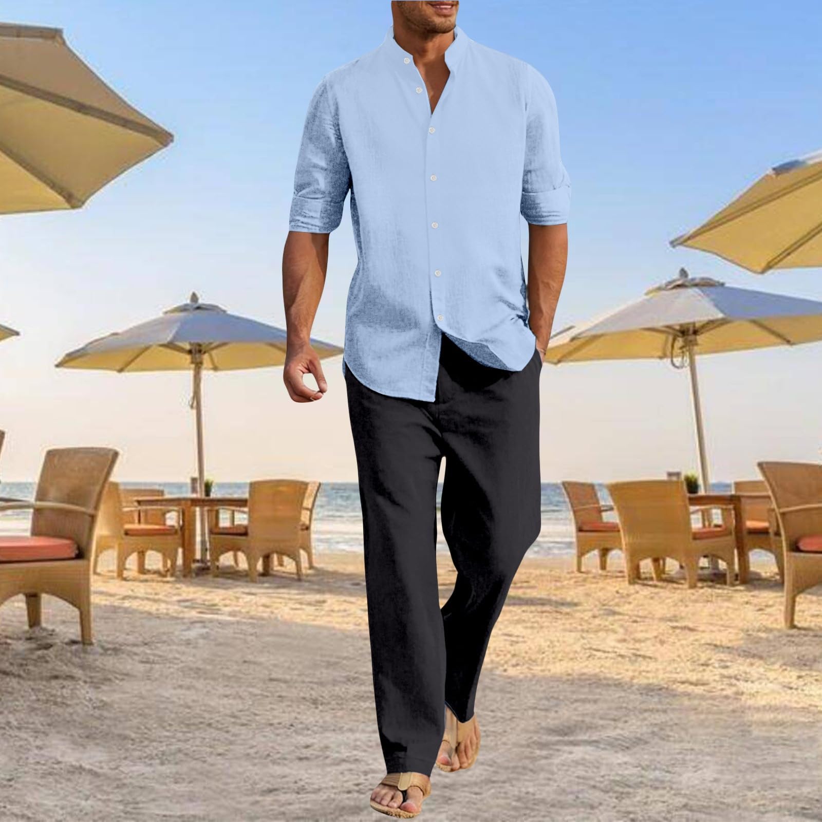 Traje de verano para hombre, camisa de lino manga larga con botón y pantalones cómodos para uso casual, playa