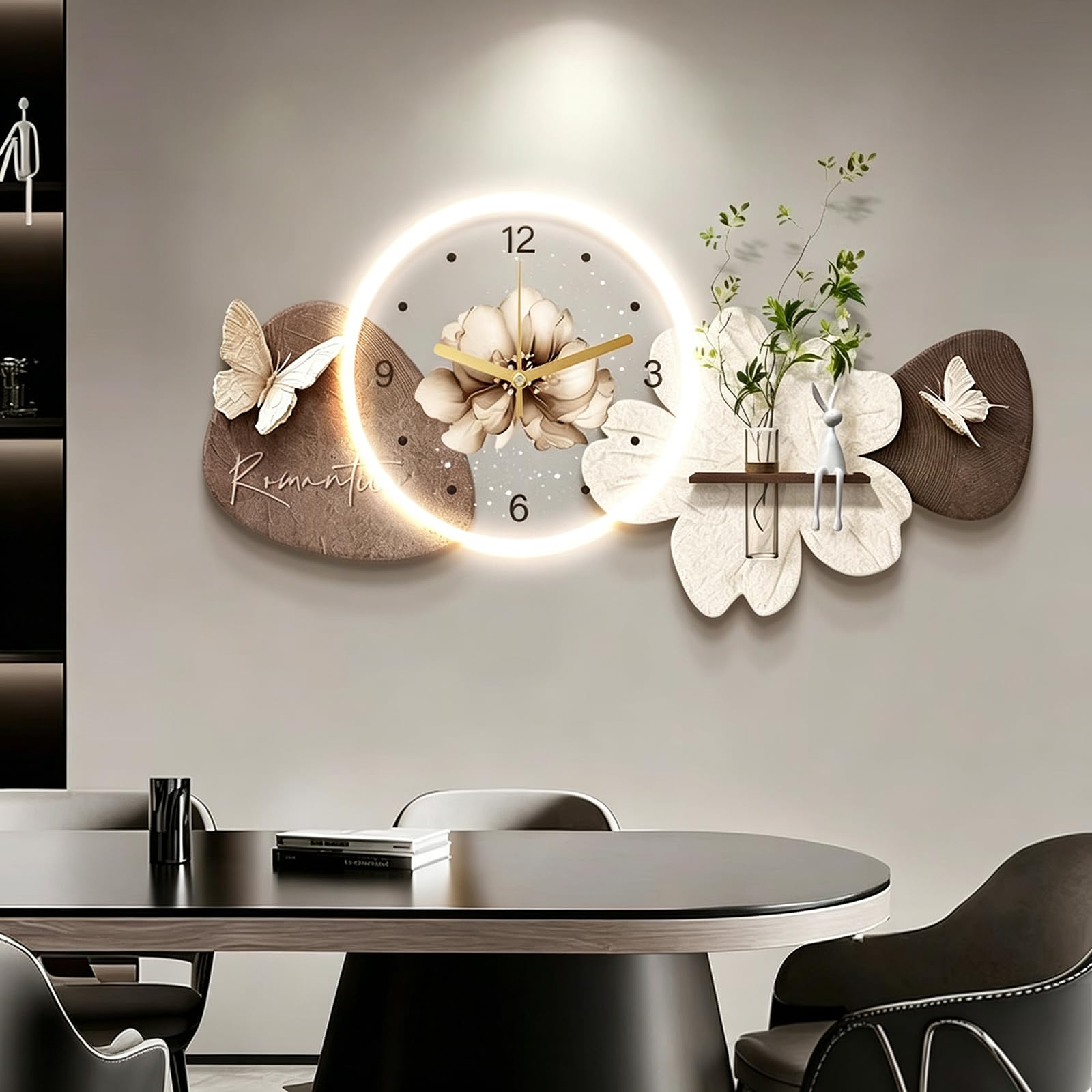 3D Wall Art Decor with LED Lights, Flower Butterfly Wall Clock with Plant Vase, Modern Sandstone LED Wall Decor for Living Room, Entryway,Dining Room Home Decor Gold-B 23.6×47.2 in（60×120 cm ）