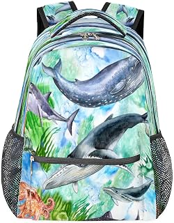 Mochilas escolares leves para meninos e meninas adolescentes baleia tubarão polvo aquarela impermeável 16 polegadas viagem laptop mochila casual adequada para homens e mulheres trabalho viagens caminhadas acampamento, Multicor, Medium