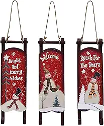 Sinal de Natal de madeira com trenó decorativo, ornamentos de boneco de neve de madeira, trenó de inverno, feliz Natal, varanda vermelha, decoração de casa, decoração de porta da frente (conjunto de 3)