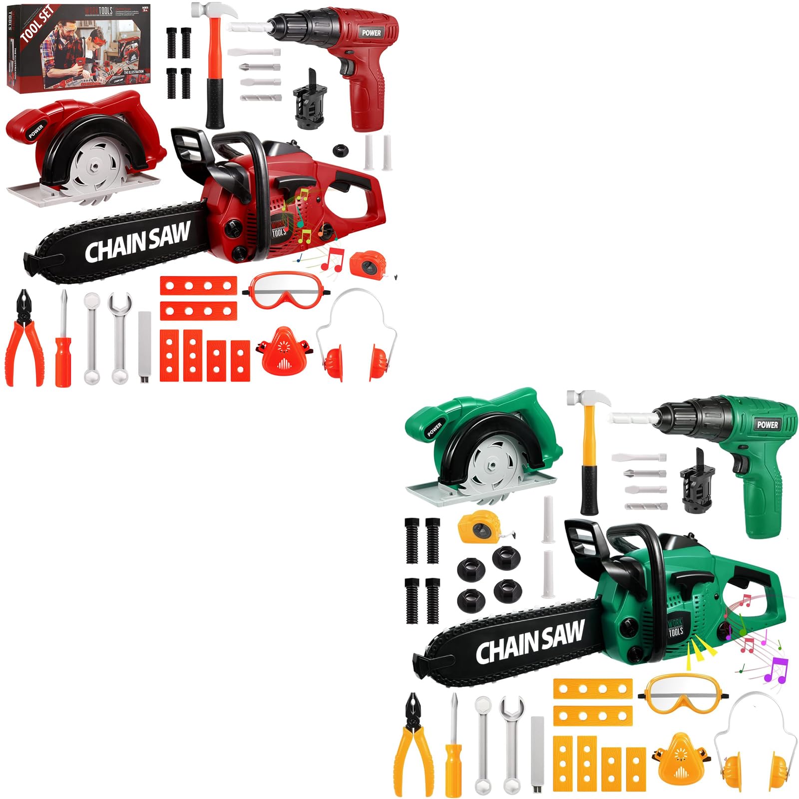 Vextronic Kids Tool Set 36 PCS with Electric Toy Chainsaw Drill Circular Saw with Realistic Sounds, Toy Tool Set for Toddlers 3 4 5 6 7 8, Pretend Play Kids Power Tools Kit Gift for Boys Girls