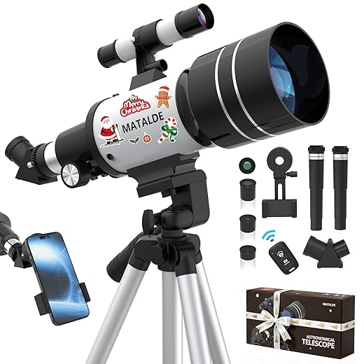 Telescope for Beginners, Astronomical Telescope Refractor 70mm Aperture with 300mm Focal Distance, 15X-150X Magnification, Tripod, Phone Adapter, Wireless Remote Control