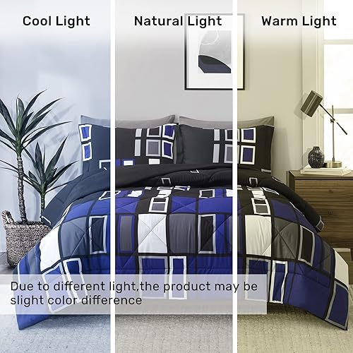 Miniatura 7 de ARTALL Juego de edredón de microfibra de 2 piezas, color azul, gris, negro, patrón a cuadros, ligero, tamaño individual con 1 funda