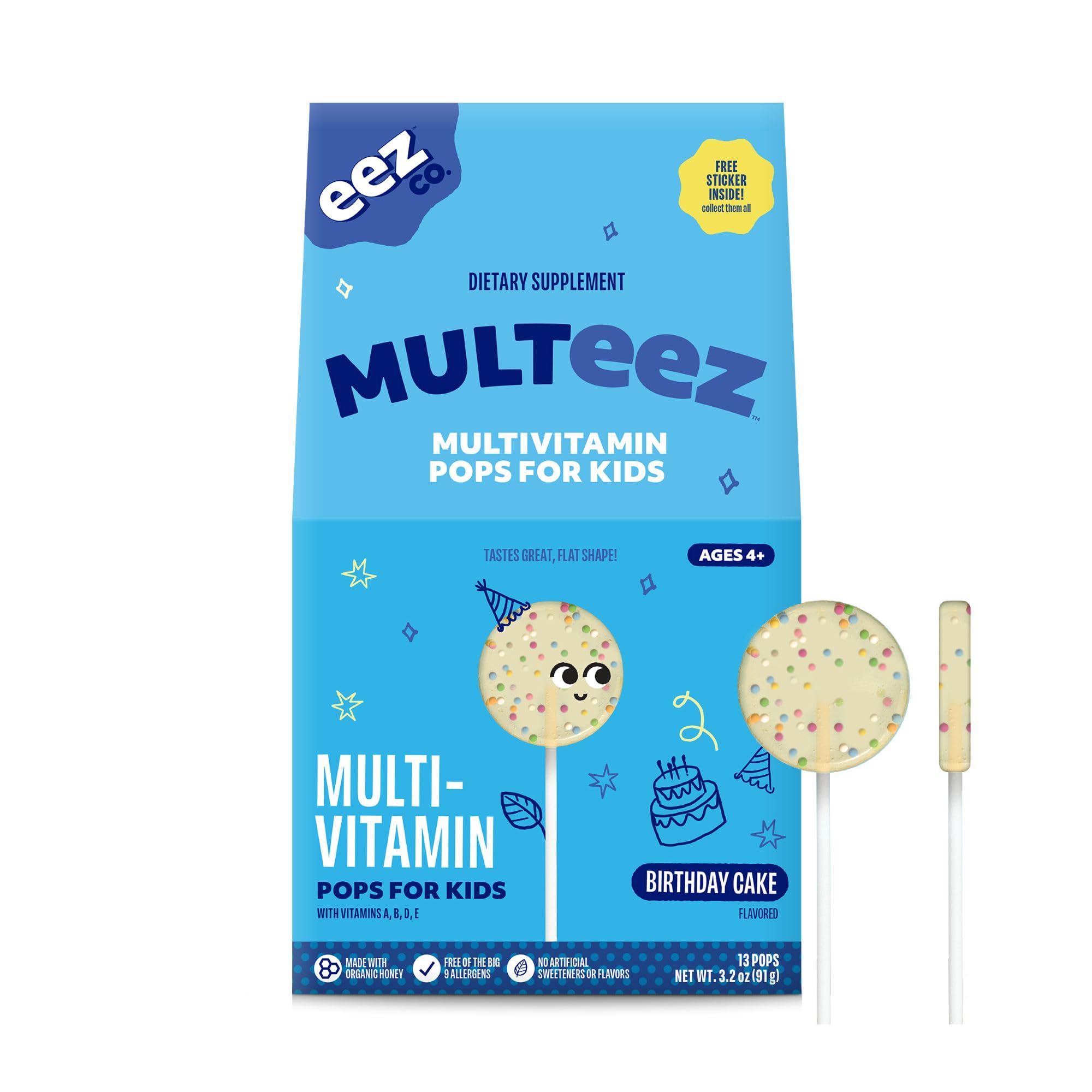 Lolleez MULTEEZ Daily Multivitamin Pops for Kids, Birthday Cake Flavor, 13ct