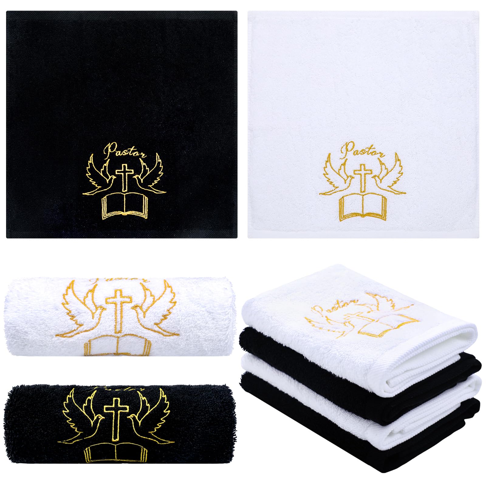 4 Pack 13.8 Inch Pastor Hand Towels Cotton Christian Embroidered Towels with Cross Clergy Dove Gift Thanksgiving Appreciation Gift for Pastor Retirement Birthday(Black White)