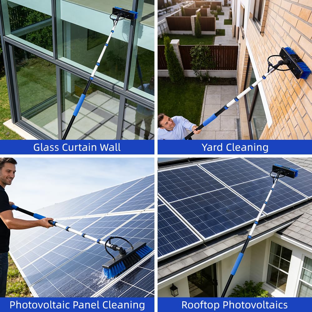 Kit Pulizia Pannelli Fotovoltaici, Estensibile 4.8 Metri, Dispenser di Sapone Integrato, spazzola per la pulizia di finestre, tetto terrazza, impianto