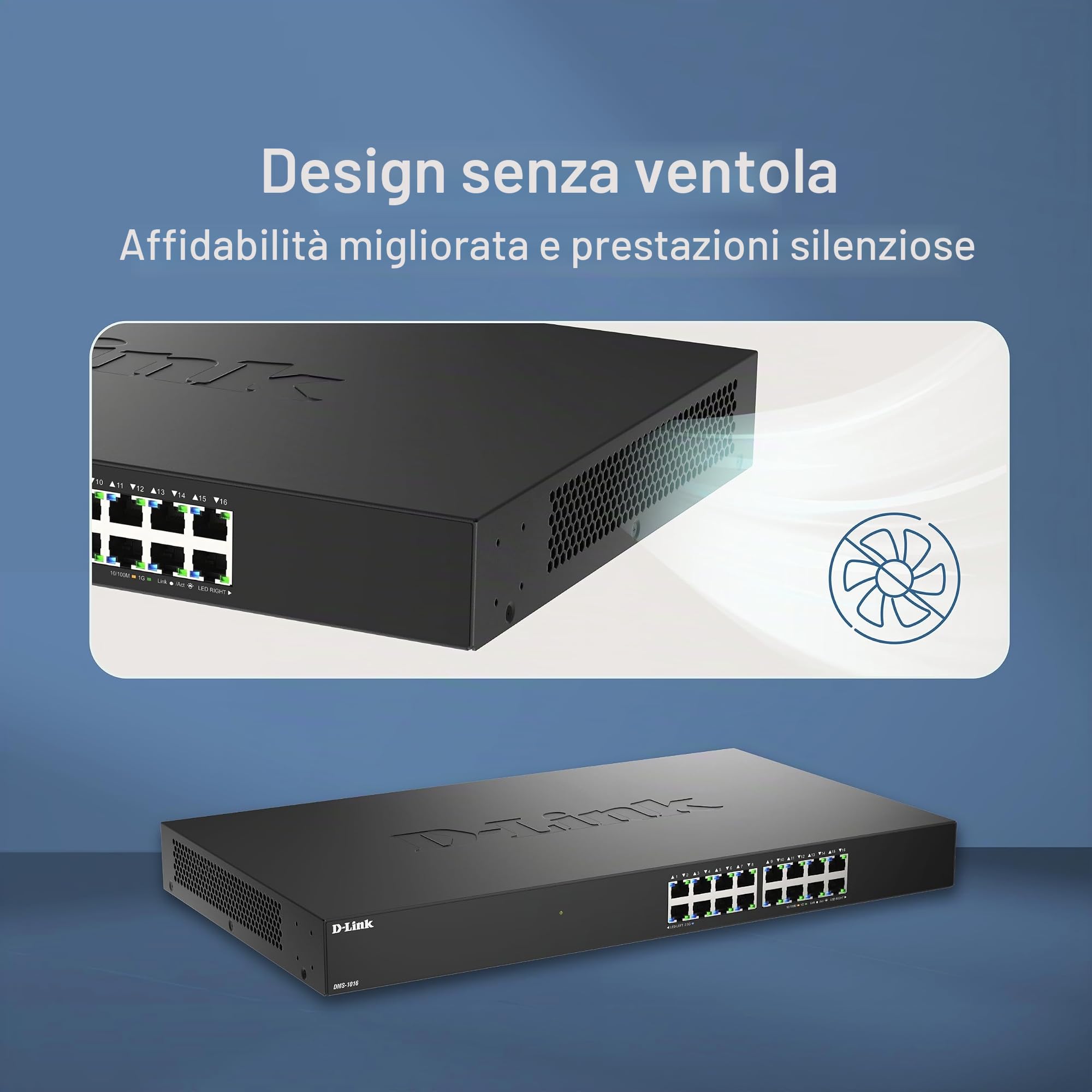 D-Link DMS-1016 Switch Ethernet Non Gestito 16 Porte 2.5G | Fanless, Struttura in Metallo, Plug & Play, Risparmio Energetico | Ideale per SOHO, Wi-Fi 6 / Wi-Fi 7 e IPTV