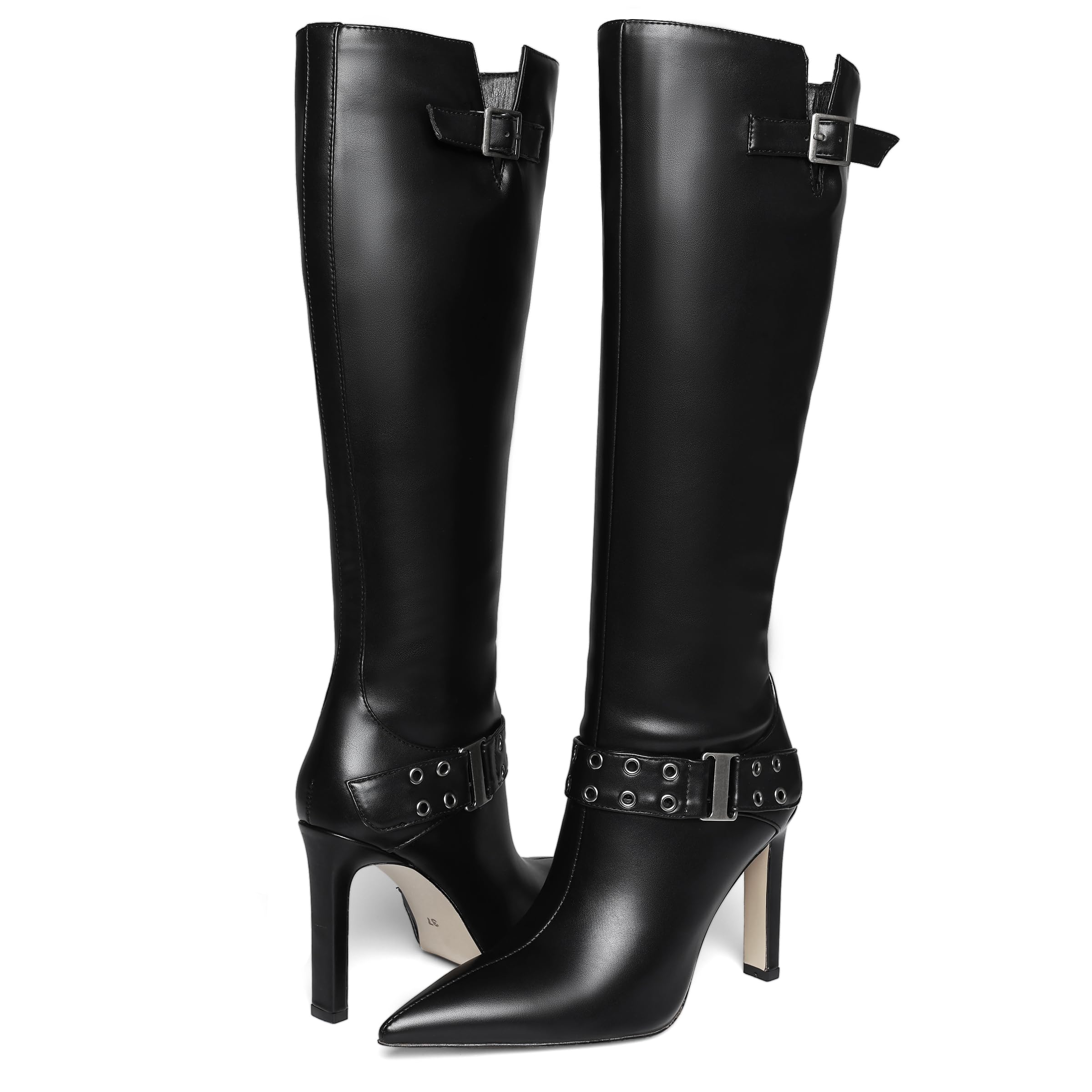 Uacllcau Knee High Boots Women Pointed Toe Tall Boots Sexy Stiletto High Heels Long Boots Fashion Trendy Buckle Dress Boots Slouch Zipper Heeled Boots