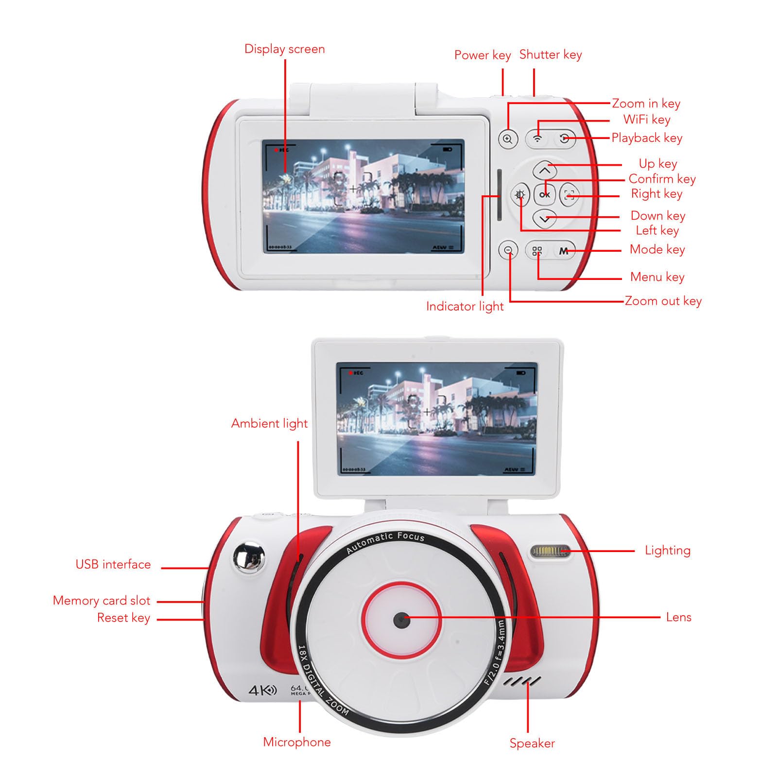 Annadue 64MP 4K Aparat Cyfrowy do Fotografii, Kamera Vlogowania z Wi -Fi, 3 -calowy Ekran Klapki, 18x Cyfrowy Zoom, Autofocus, Anty Shake, Kamera Wideo do Podróży (WHITE)
