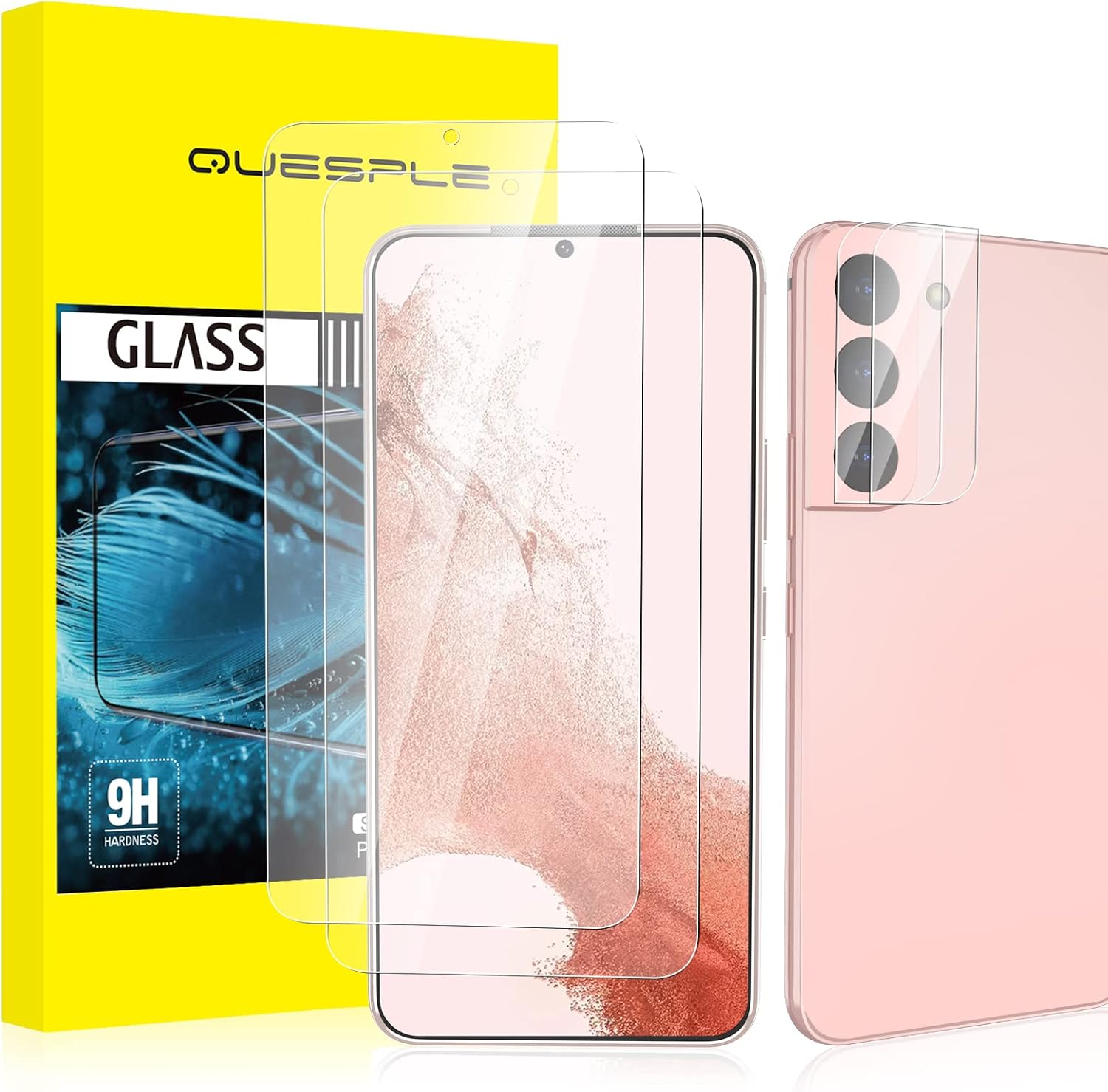 [2+2 Pack] QUESPLE Screen Protector for Samsung Galaxy S22 and 2 Pack Camera Lens Protector