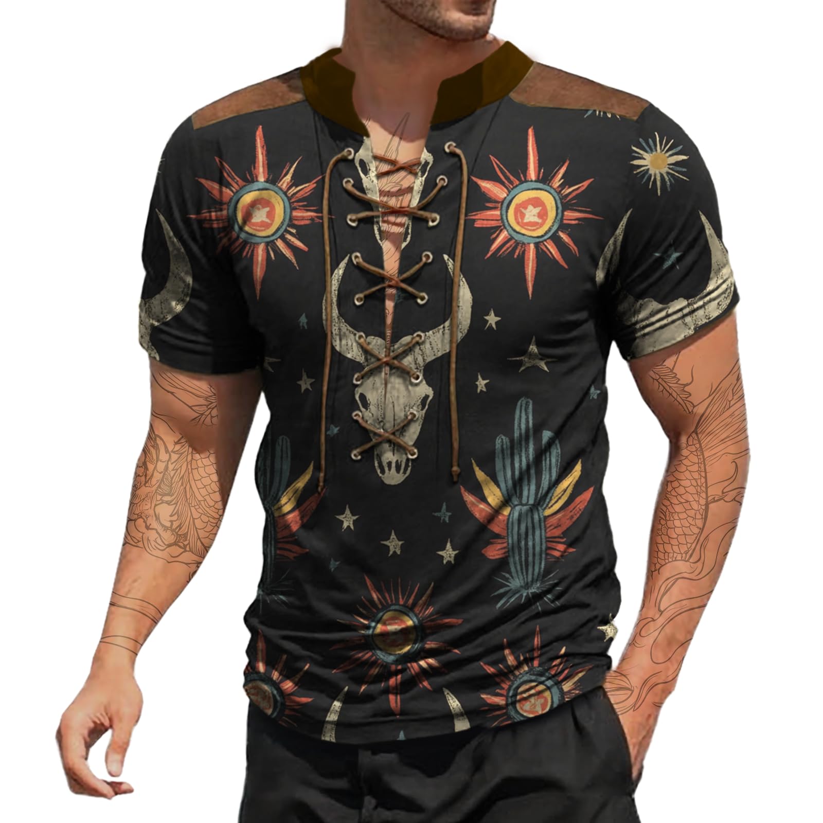 MARSVOVO Summer Short Sleeve Shirts for Men Vintage Gothic Medieval Shirt Lace Up Patchwork Viking Costume