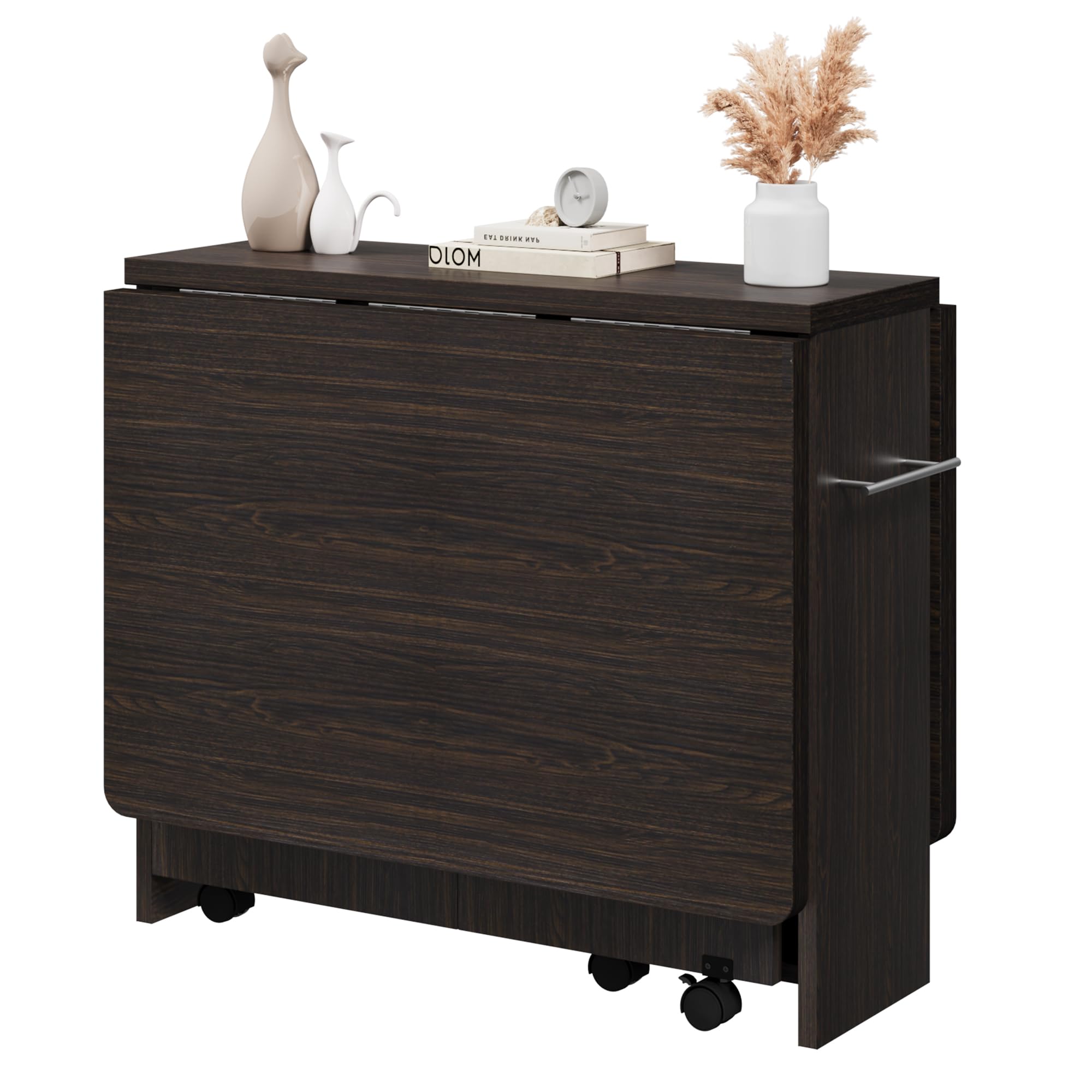 Mesa de Comedor Plegable Multifuncional, Mesa Auxiliar con Ruedas y Almacenamiento, Ahorra Espacio, para Cocina y Comedor, Color Nogal Oscuro, 120x60x75cm