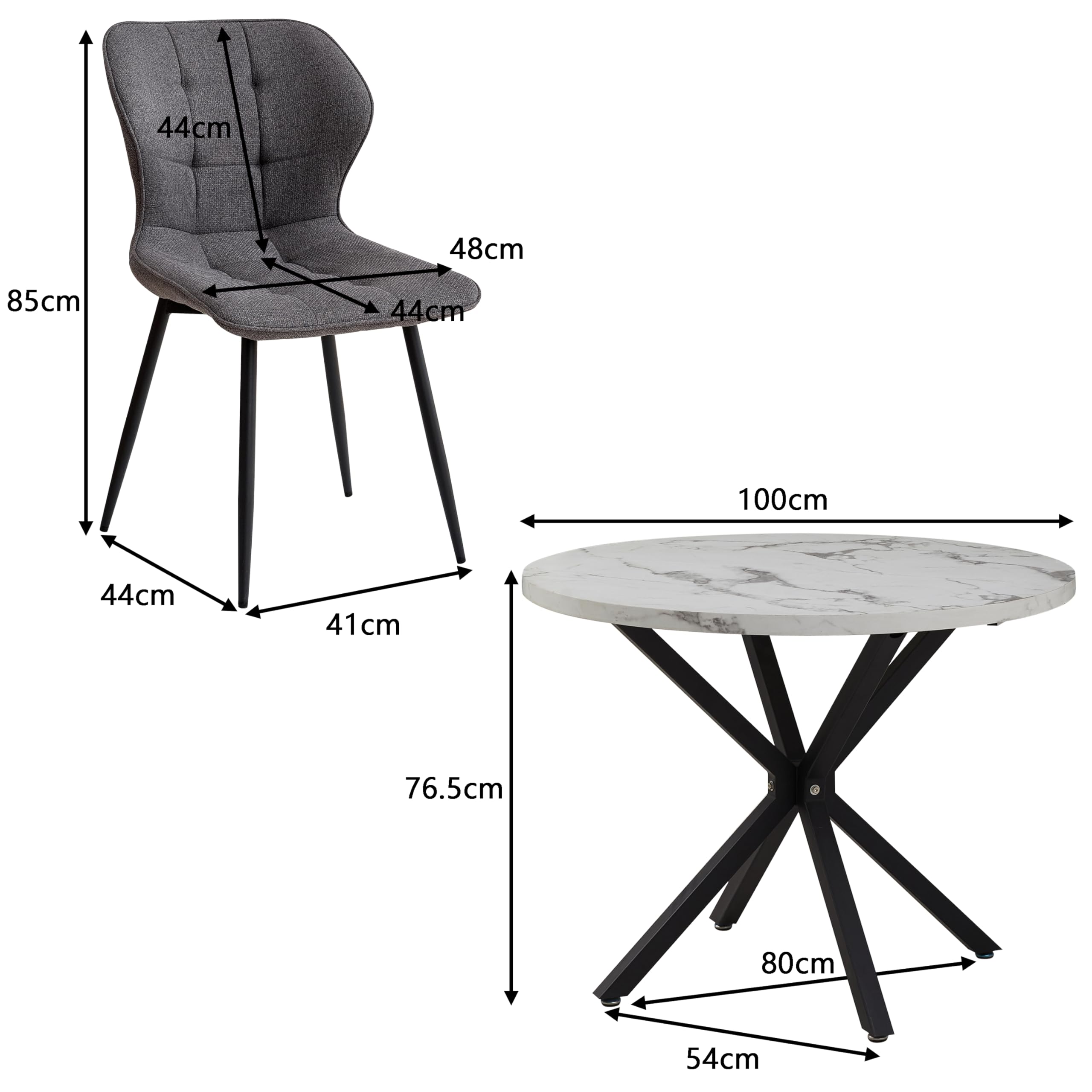 GrandCA HOME Juego de Mesa y Sillas de Comedor, 4 Sillas de Lino Color Gris Oscuro y una Mesa de Comedor Redonda Moderna de 100 cm, Ideal para Cocina, Salón y Cafetería (Diseño de Mármol Blanco 1)