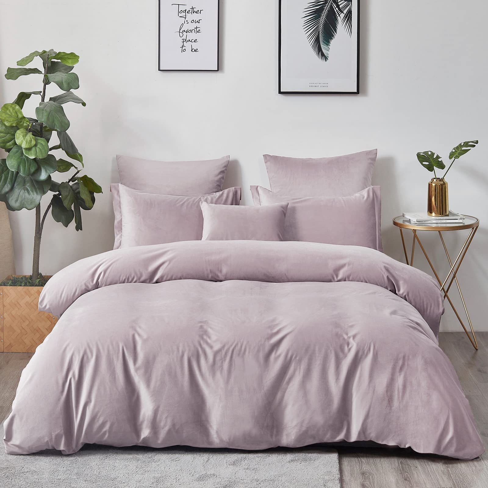 David's HomeVelvet Duvet Cover Set King, Soft and Luxurious Flannel Comforter Cover 3PCS with Corner Ties, Button Closure, 104” x 90”, PinkMocha