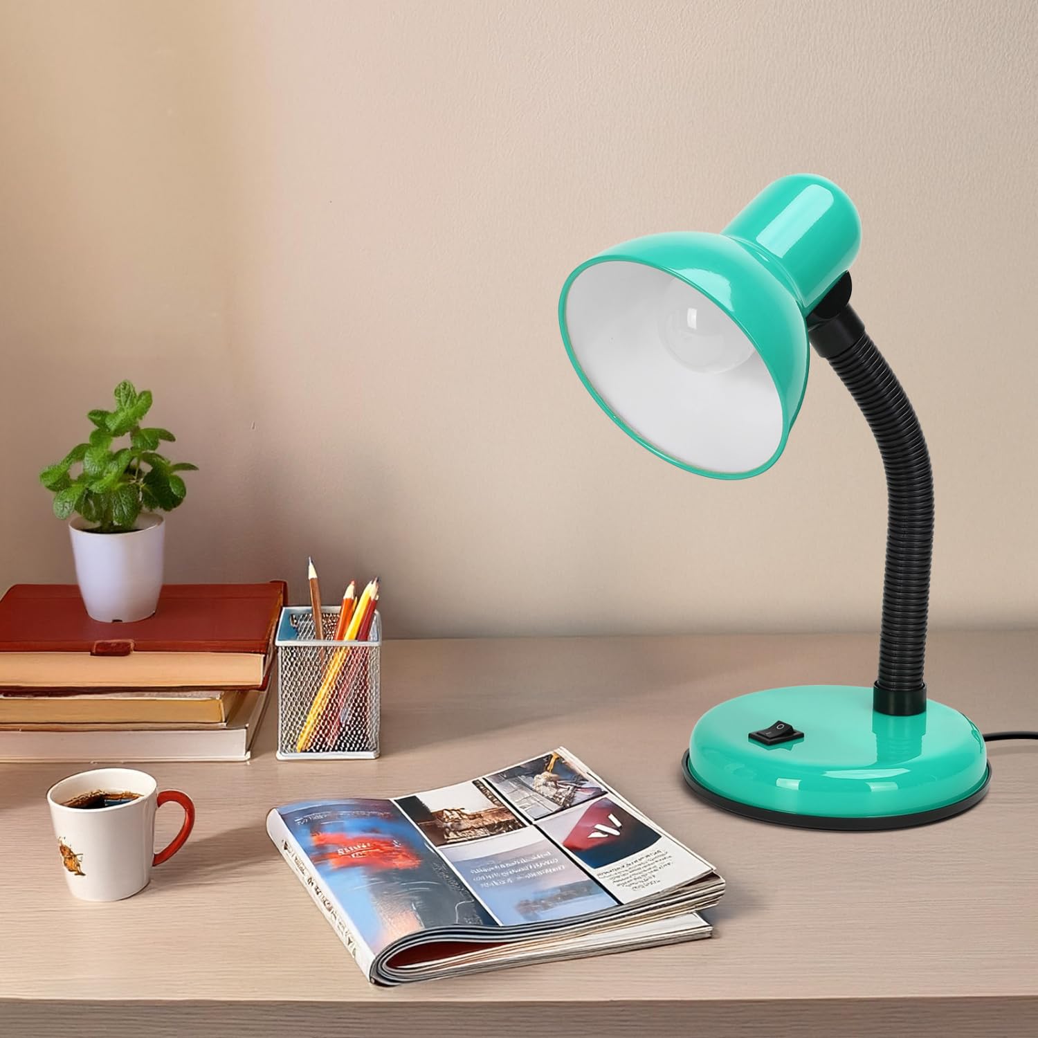 Aigostar Lampada da Scrivania Vintage, Lampada da Tavolo Compatibile con Lampadine LED Modello E27, Senza Lampadina, Max 240V, Ciano, per Adolescenti, Bambini, Ragazze, Leggere, Lavorare, Studiare