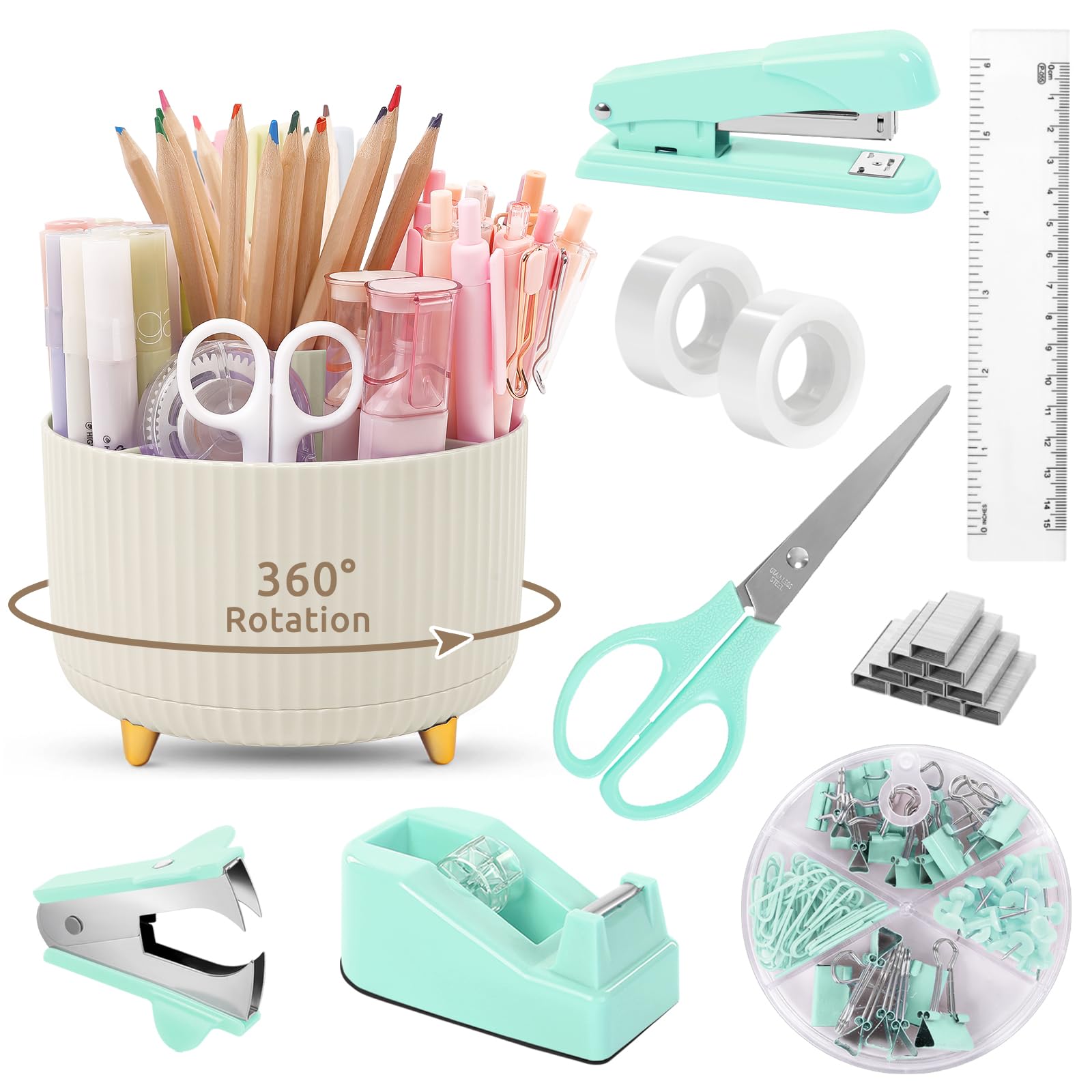 Accesorios de oficina, 10 unidades, soporte giratorio de 360 grados, suministros de oficina que incluyen grapadora, cinta, soporte de cinta, tijeras, regla, removedor de grapas, 1 caja de grapas, kit