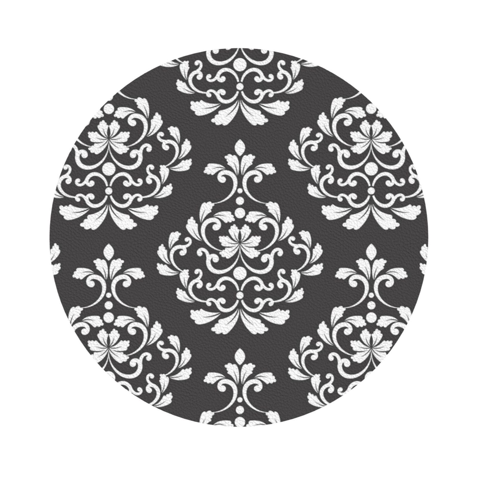 Damask Pattern PU Leather Coasters Set of 6 Round Drink Coasters