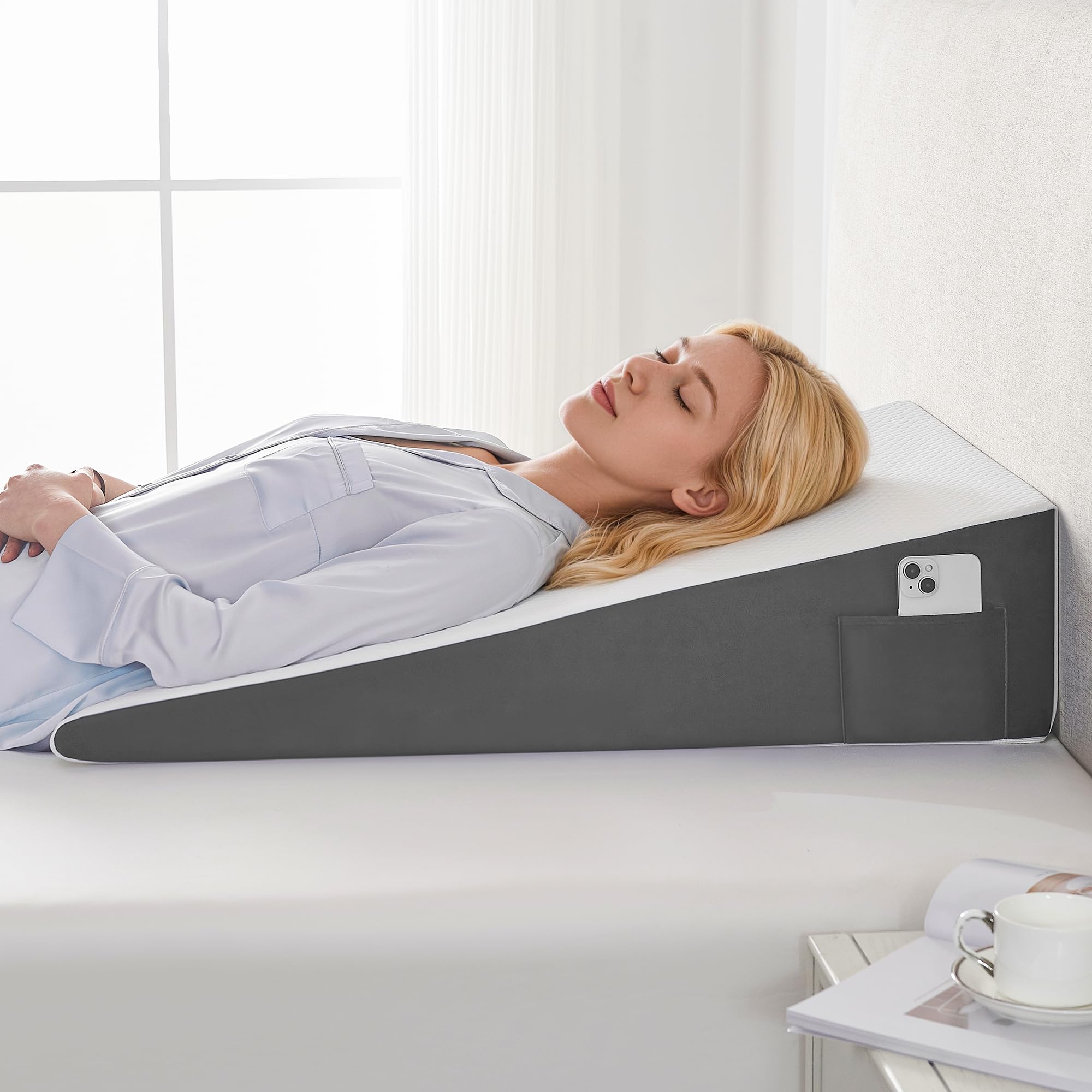 Yojoker 34" Extra-Long Wedge Pillow, Bed Incline Cushion for Sleeping, Reflux,Snoring, Full-Back Support, Soft Supportive Foam Triangle Pillow, Removable Washable Cover, 7.5" White Gray