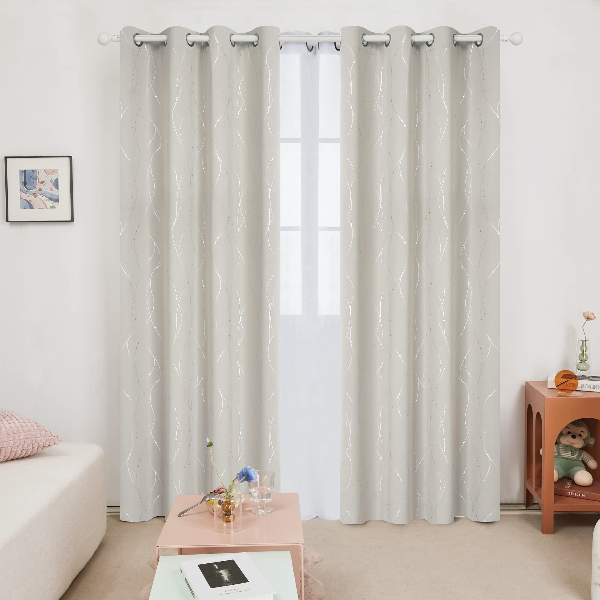 Deconovo Tende per Interni Oscuranti, Tende Salotto Moderne con Anelli con Stampa Fili e Cerchi, 140x260 CM (Larghezza x Altezza), Beige Chiaro, 2 Pannelli