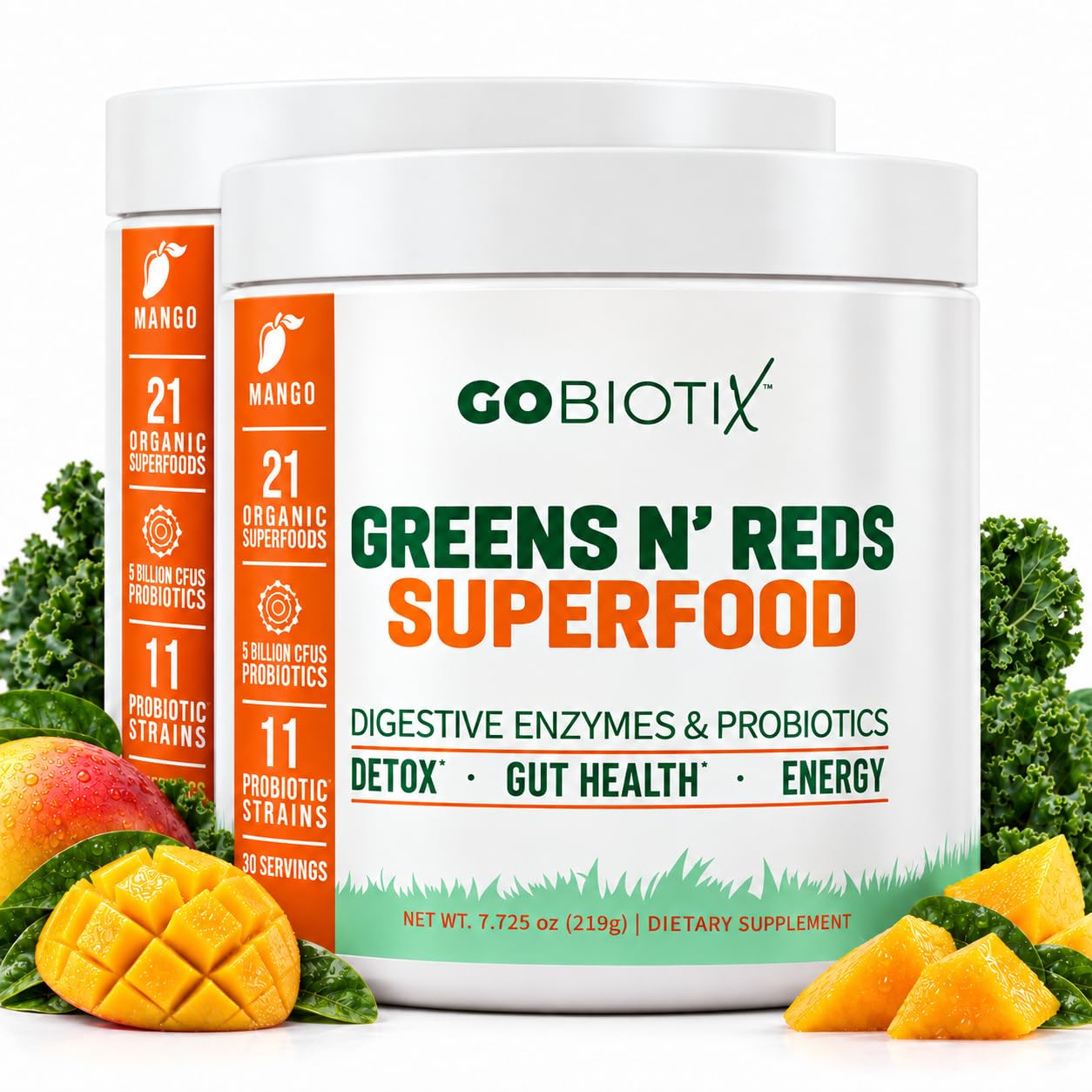 GOBIOTIX Super Greens Powder with Beet Root, Spirulina, Moringa &amp; Chlorella – Probiotics, Enzymes &amp; 21 Superfoods – Zero Sugar, Vegan, Non-GMO – 60 Servings, 2-Pack (Mango)