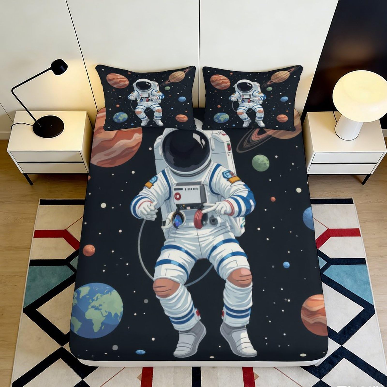 3D Printed Astronaut Space Fitted Sheet Microfiber Soft Black Planet Bed Cover for Bedroom Dorm Mattress Protection Decor 160x200x25cm