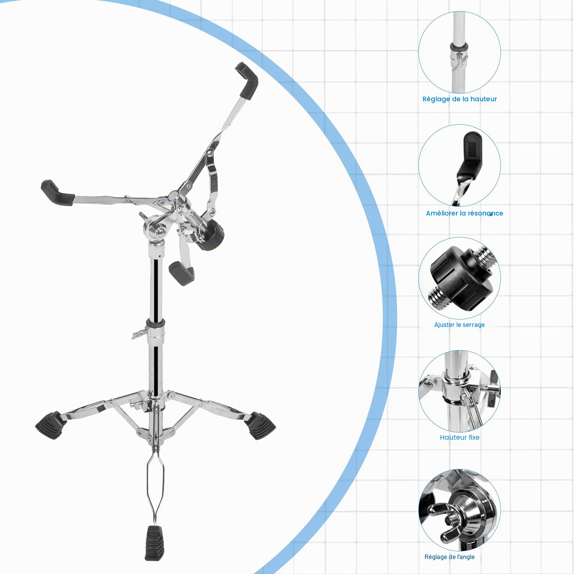 aleawol Support de caisse claire de 25,4 à 38,1 cm, trépied à double contreventement réglable en hauteur de 40,6 à 55,9 cm, support de batterie pliable pour la pratique et la performance sur scène