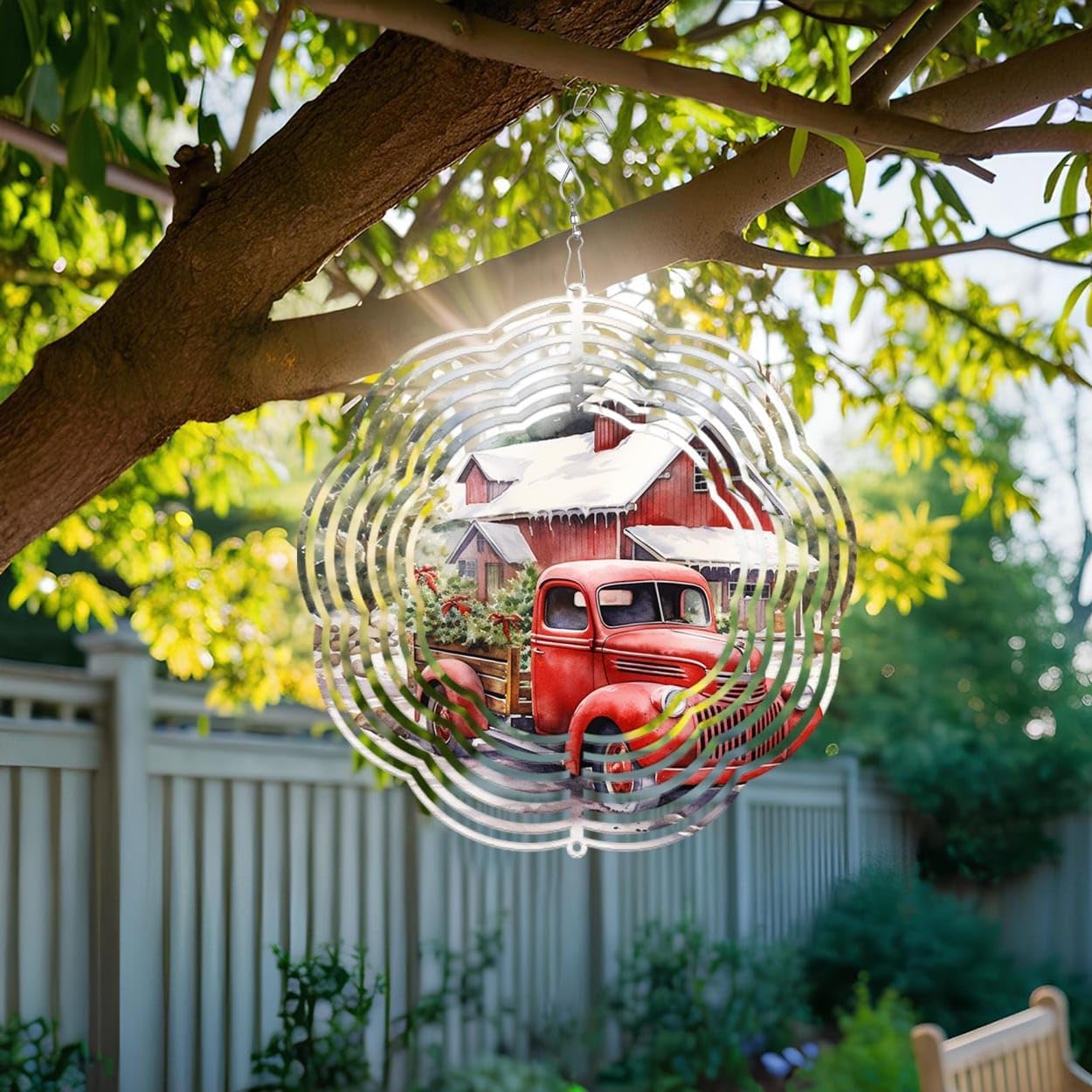 Red Truck Farmhouse Farmer Christmas Wind Spinners 3D Stainless Steel Laser Cut Metal Double Sided Printing-Hanging Indoor/Outdoor Decorations Yard Gardening Decor,Metal Kinetic Art 16x16 inches