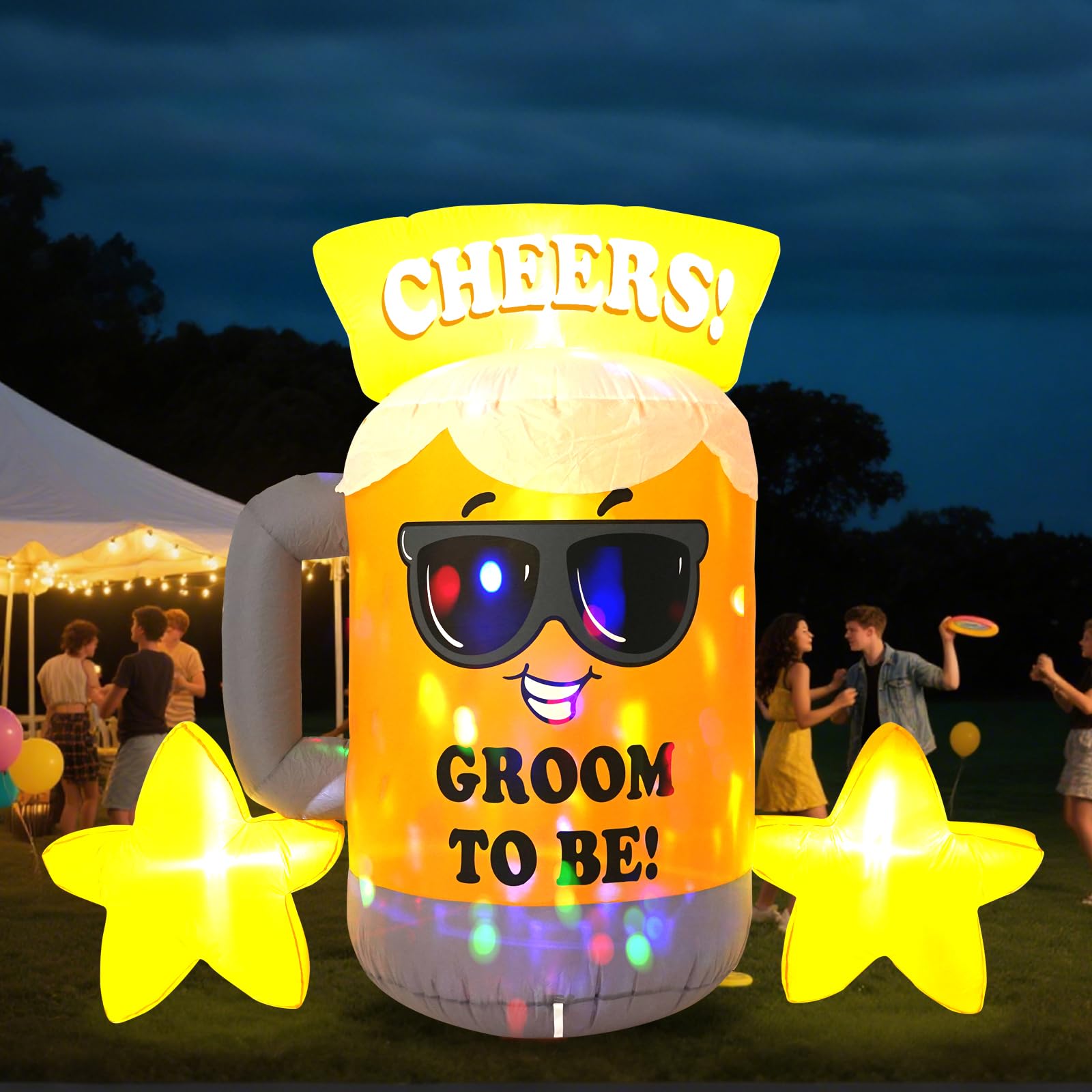 8 FT Beer Party Inflatable Decoration with Built-in Kaleidoscope LED Lights, Suitable for Outdoor use, Yards, Lawns, and Walkways for Bachelor Parties.