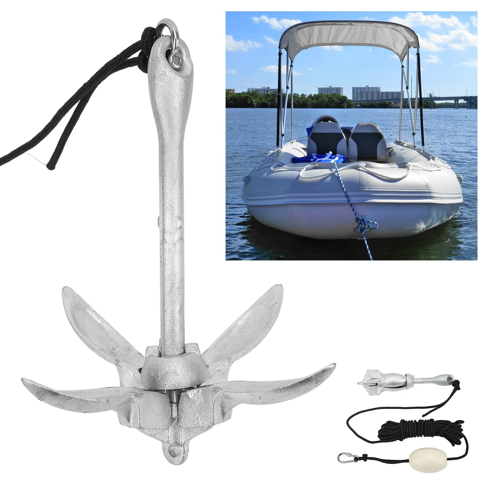 Juego De Ancla Plegable, Kit De Ancla Plegable Portátil De 4 Dientes De 3,5 Libras con Cuerda De 25 Pies, Ideal para Veleros Marinos, Kayak, Canoa Y Embarcaciones