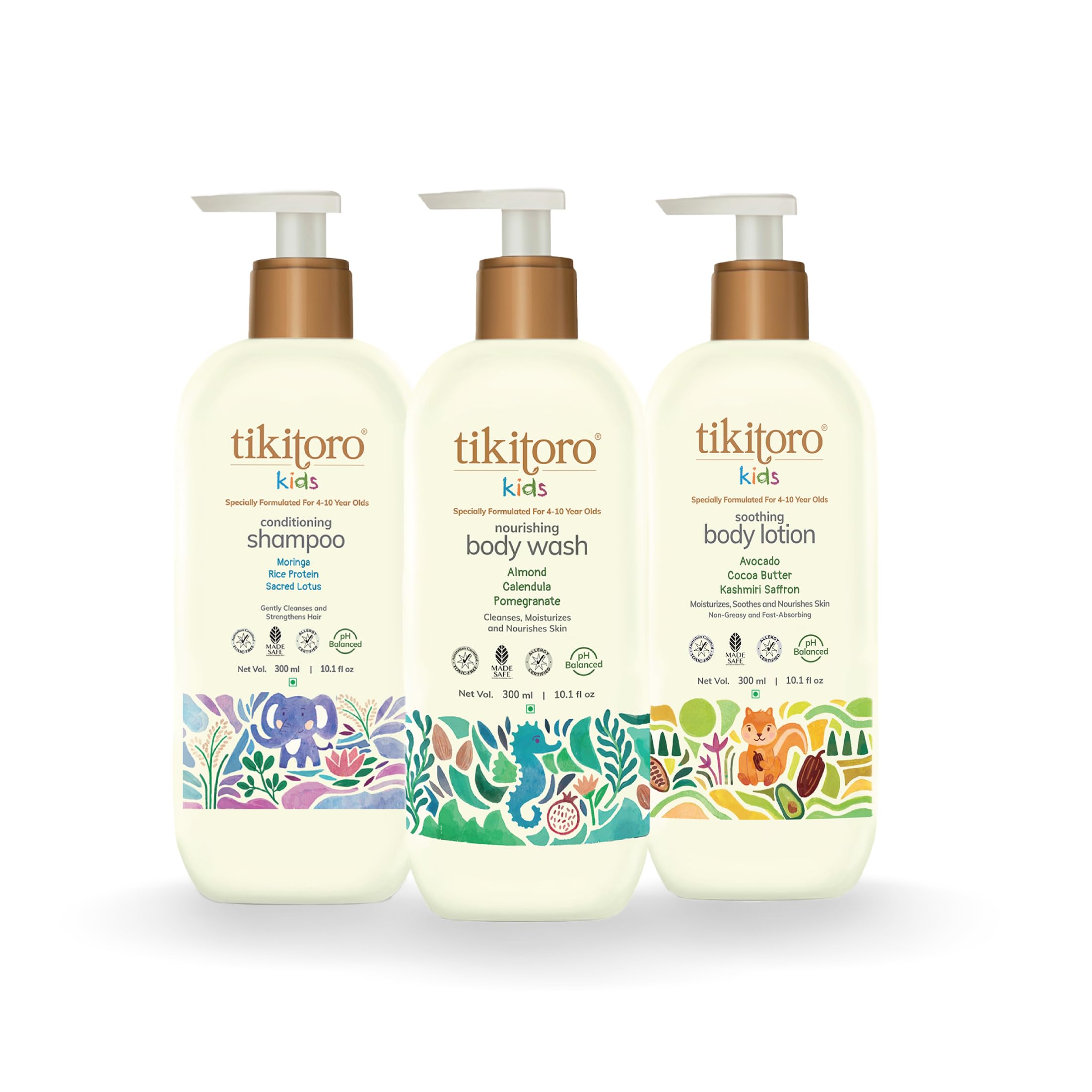 Tikitoro Kids Body and Hair Combo Offer Pack - 300ml x 3, Nourishing Body wash, Conditioning Shampoo & Soothing Body Lotion, Gift Sets for Kids, 100% Vegan, Age: 4+ Years.-image-16