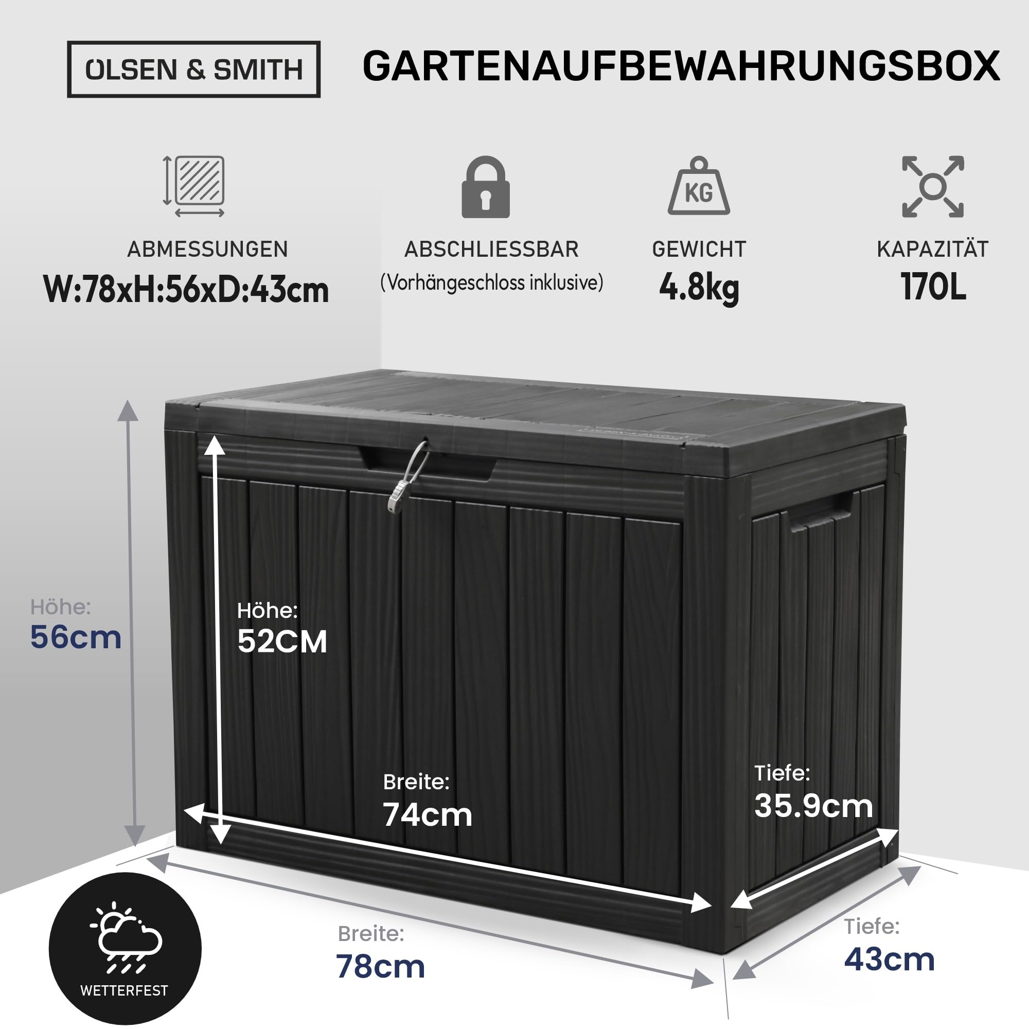 Olsen & Smith 170L Paketbox & Abschließbare Gartenbox mit Deckel | Wasserdicht & Wetterfest, Inkl. Vorhängeschloss, 100 % Recycelt, Für Pakete & Auflagen, Kissenbox, Draußen, Balkon & Terrasse