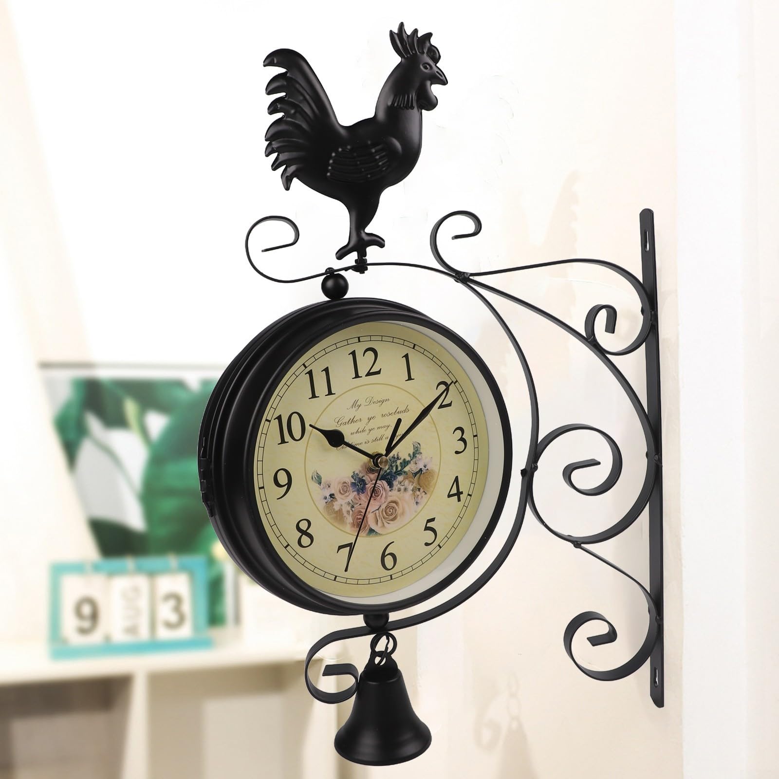Reloj de pared de doble cara, reloj de estación de hierro negro de 39 cm con movimiento de cuarzo silencioso, números grandes para decoración del hogar y sala de estar