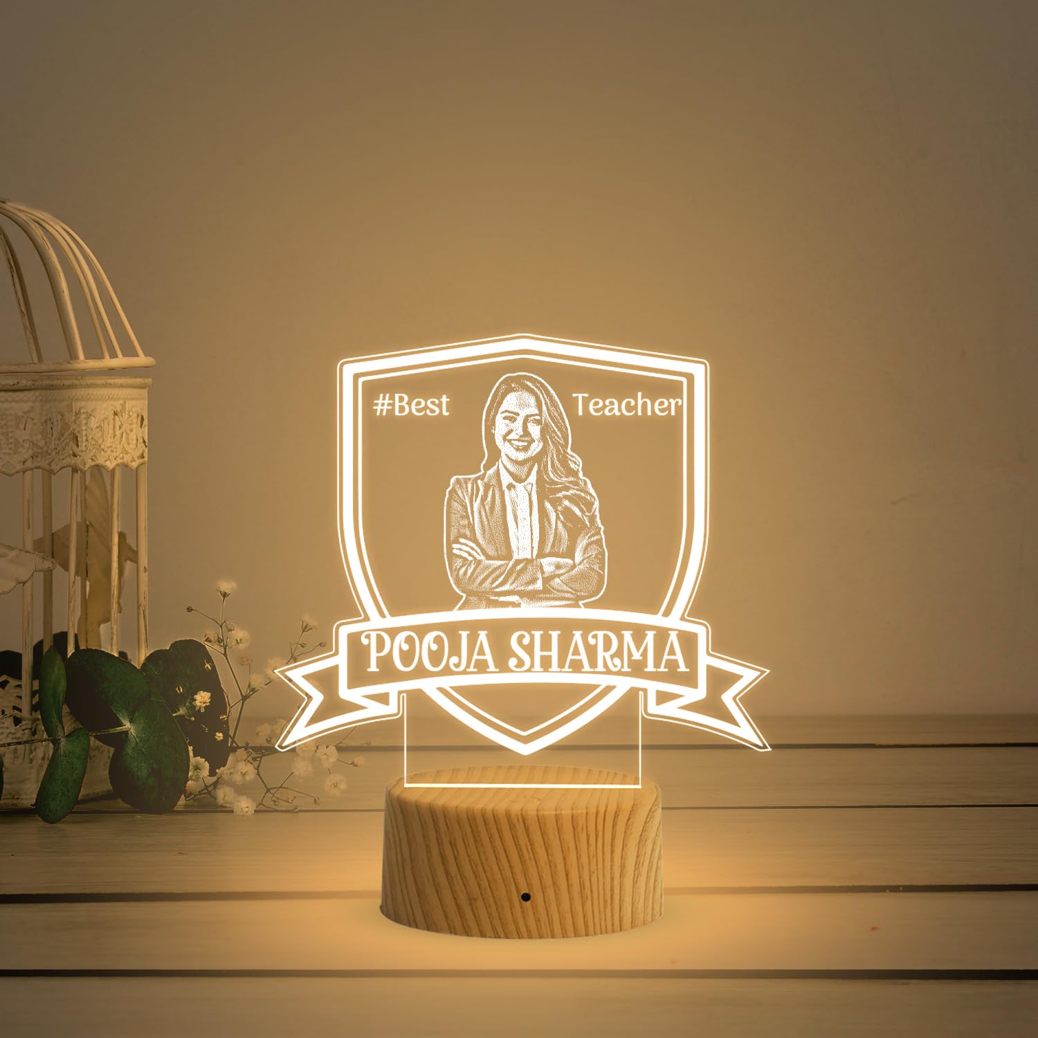 Personalized Best Teacher LED Lamp | Customized with Photo & Name | Best Gift for Teachers Day | Thankyou Gift for Mam & SIr | Warm White Light (Brown Base)-image-45