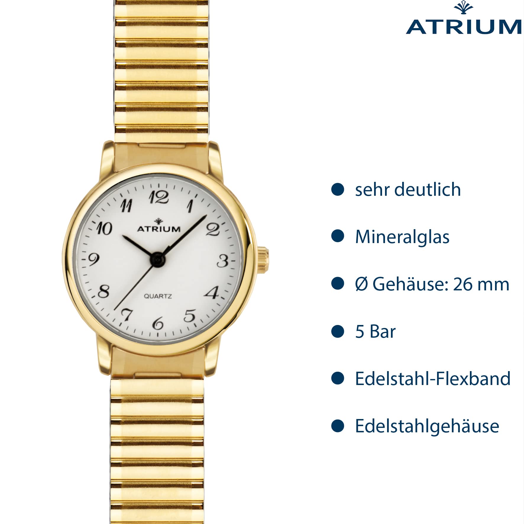 Atrium Damen-Armbanduhr Edelstahl Analog Quarz mit Edelstahl Zugband Flexband Goldfarben A43-60