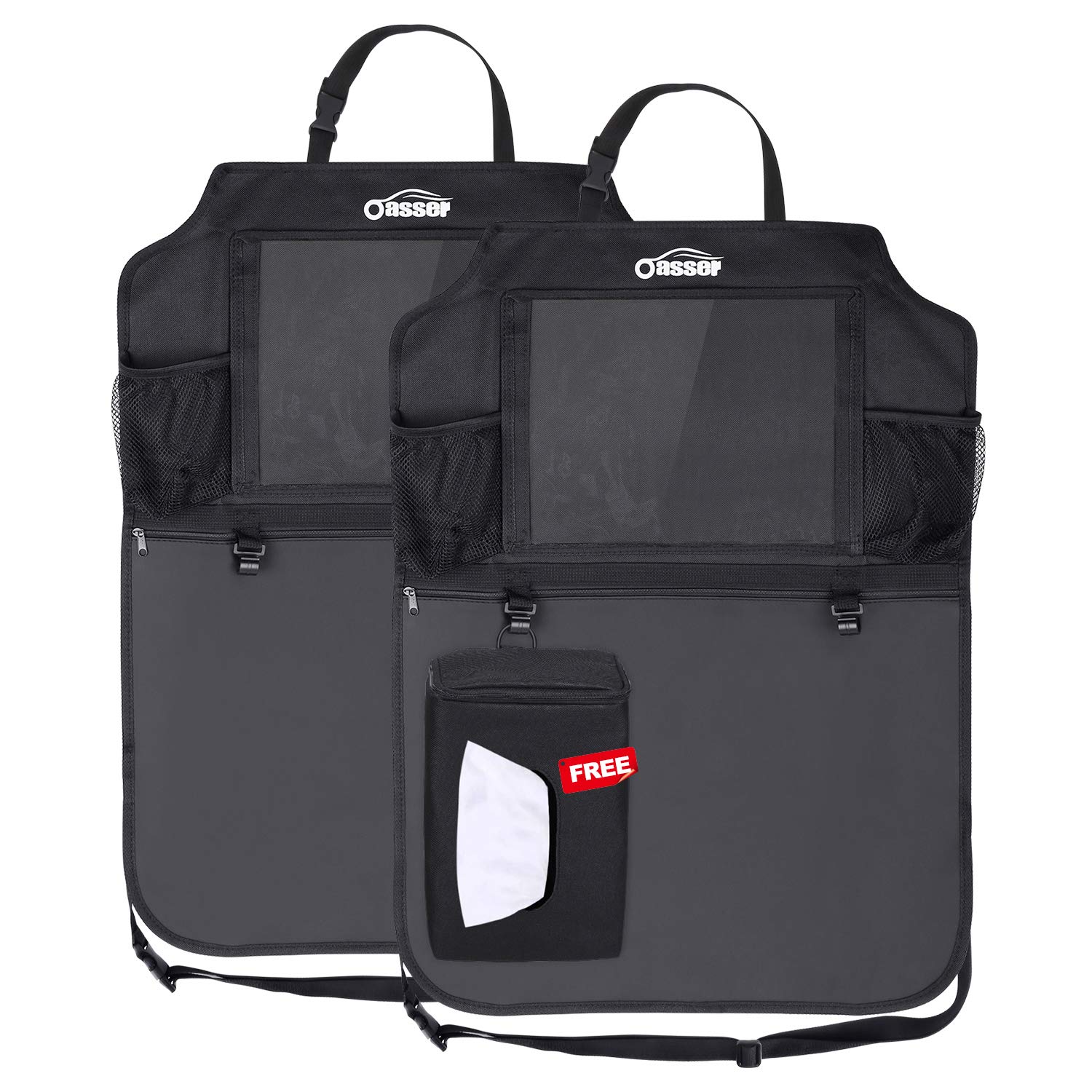 Oasser - Protector organizador para asiento trasero del coche, 2 unidades, talla XL, con 1 caja de pañuelos, soporte transparente para iPad de 10 pulgadas y 3 grandes organizadores de almacenamiento.