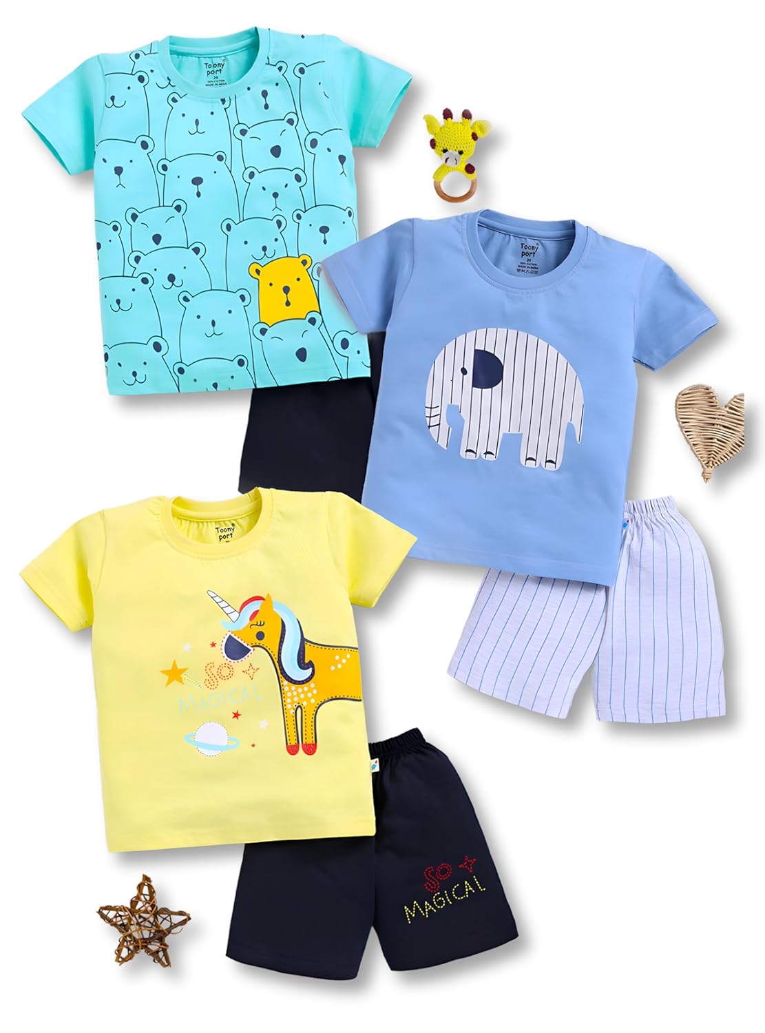 Toonyport Boys Summer 3 Packs Of T-shirts and Shorts Combo Set (Multicolors) Toonyport Boys Summer 3 Packs Of T-shirts and Shorts Combo Set (Multicolors)